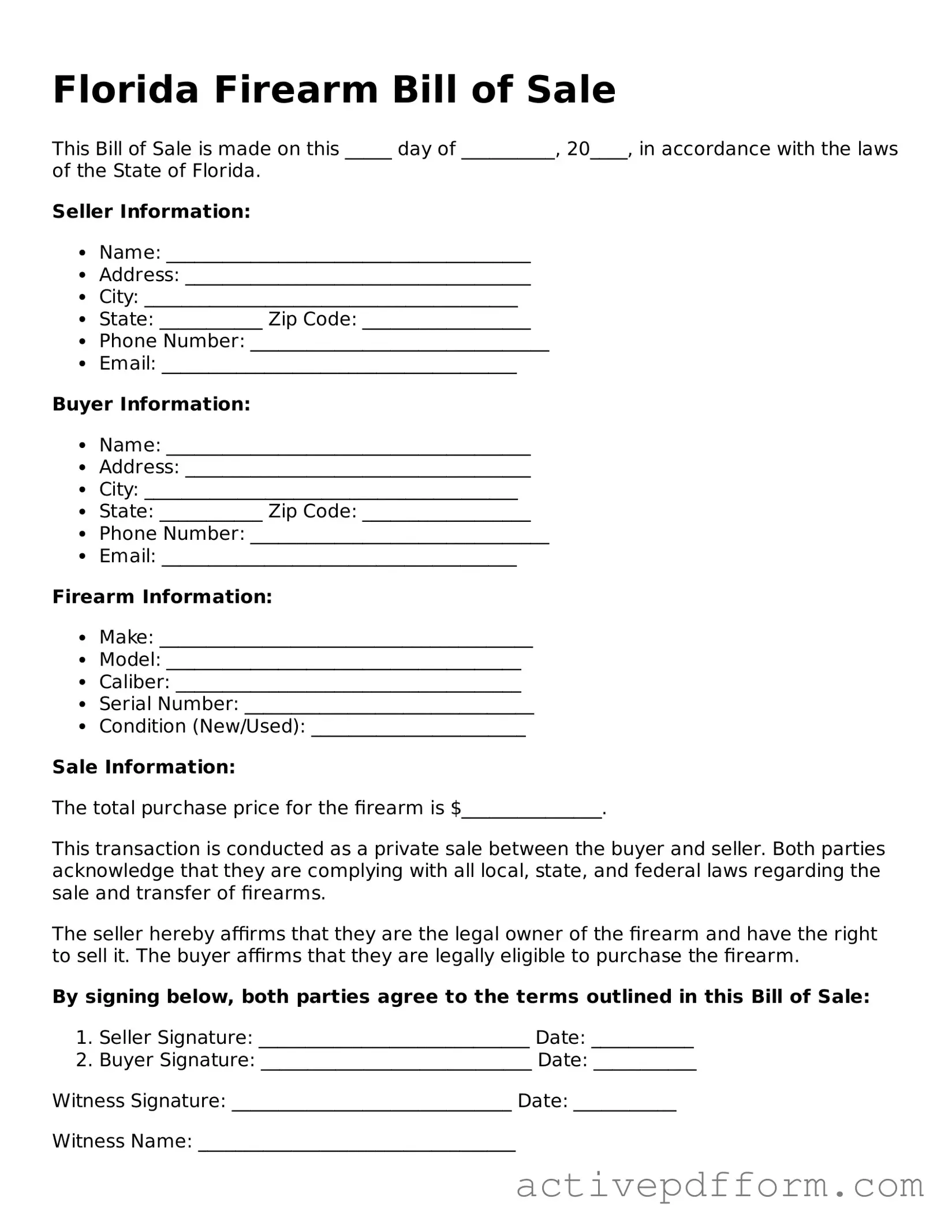 Blank Florida Firearm Bill of Sale Document