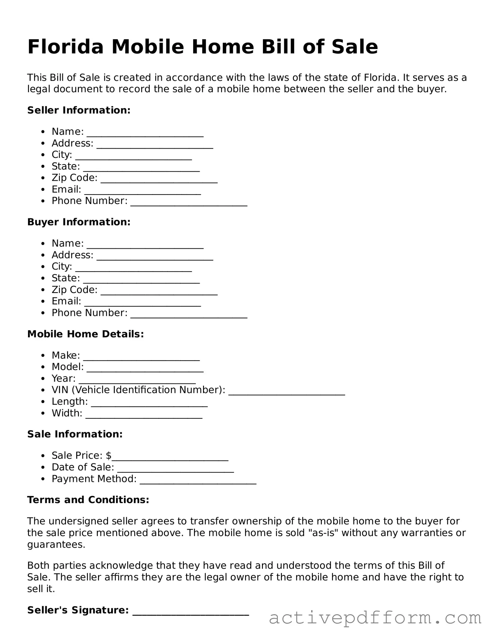 Blank Florida Mobile Home Bill of Sale Document