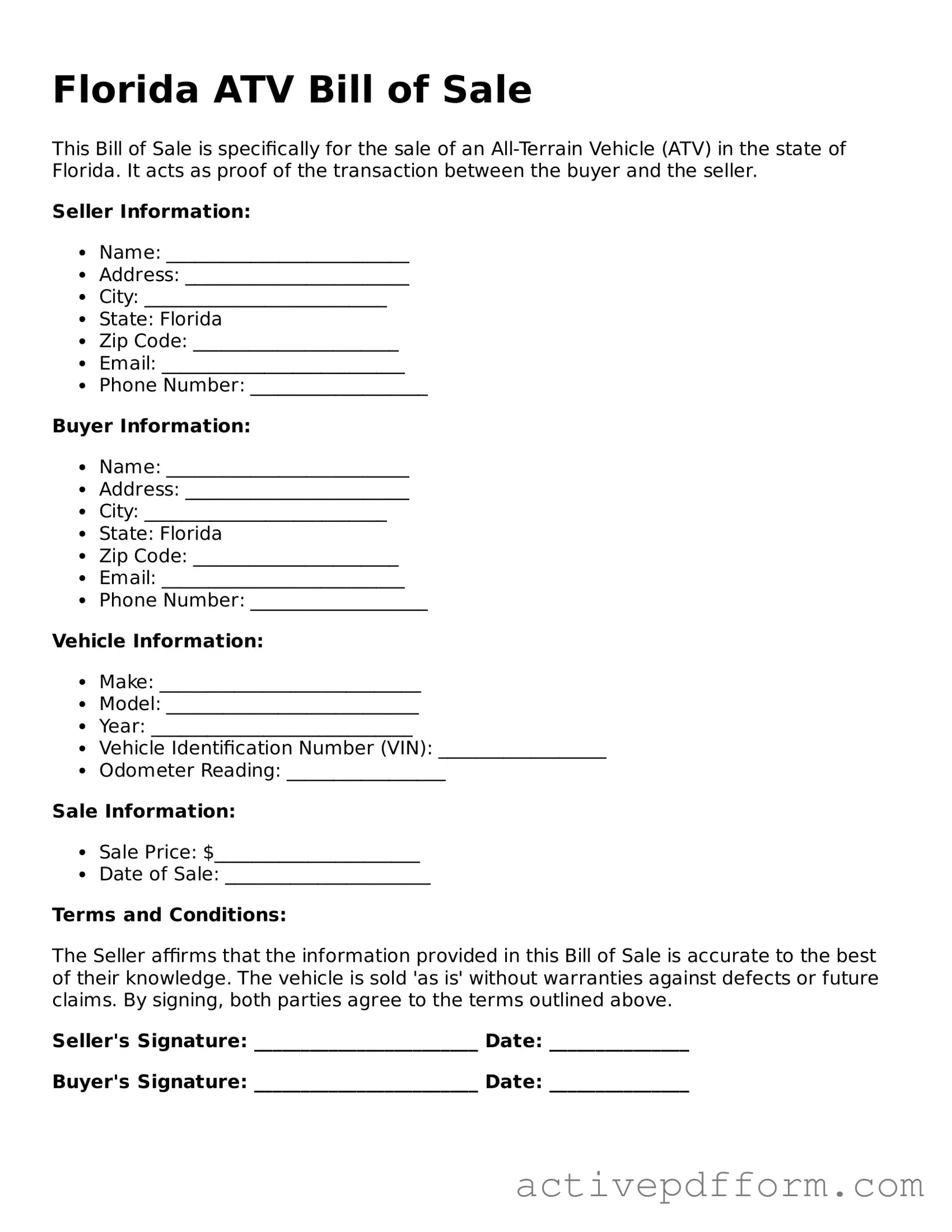 Blank Florida ATV Bill of Sale Document