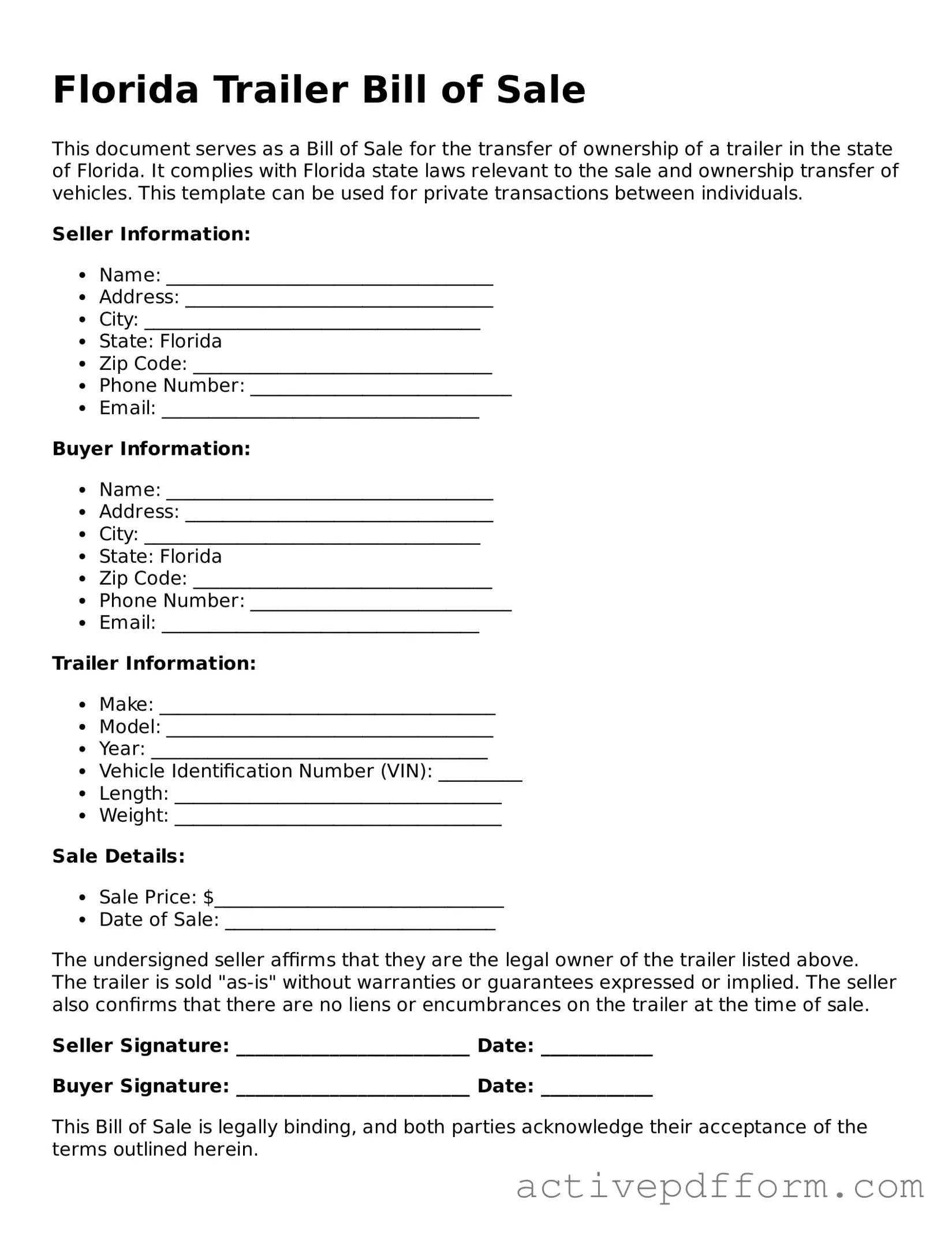 Blank Florida Trailer Bill of Sale Document
