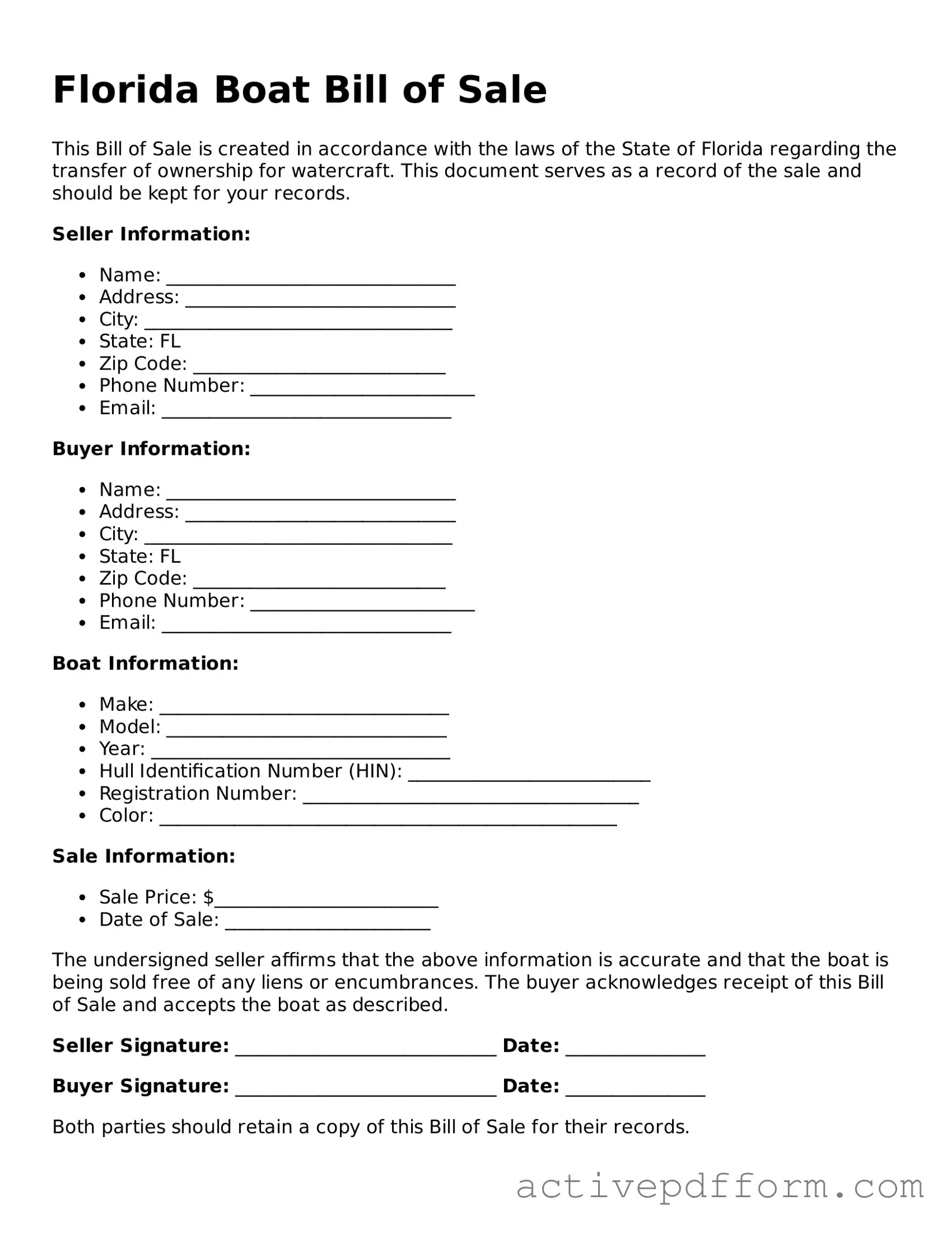 Blank Florida Boat Bill of Sale Document