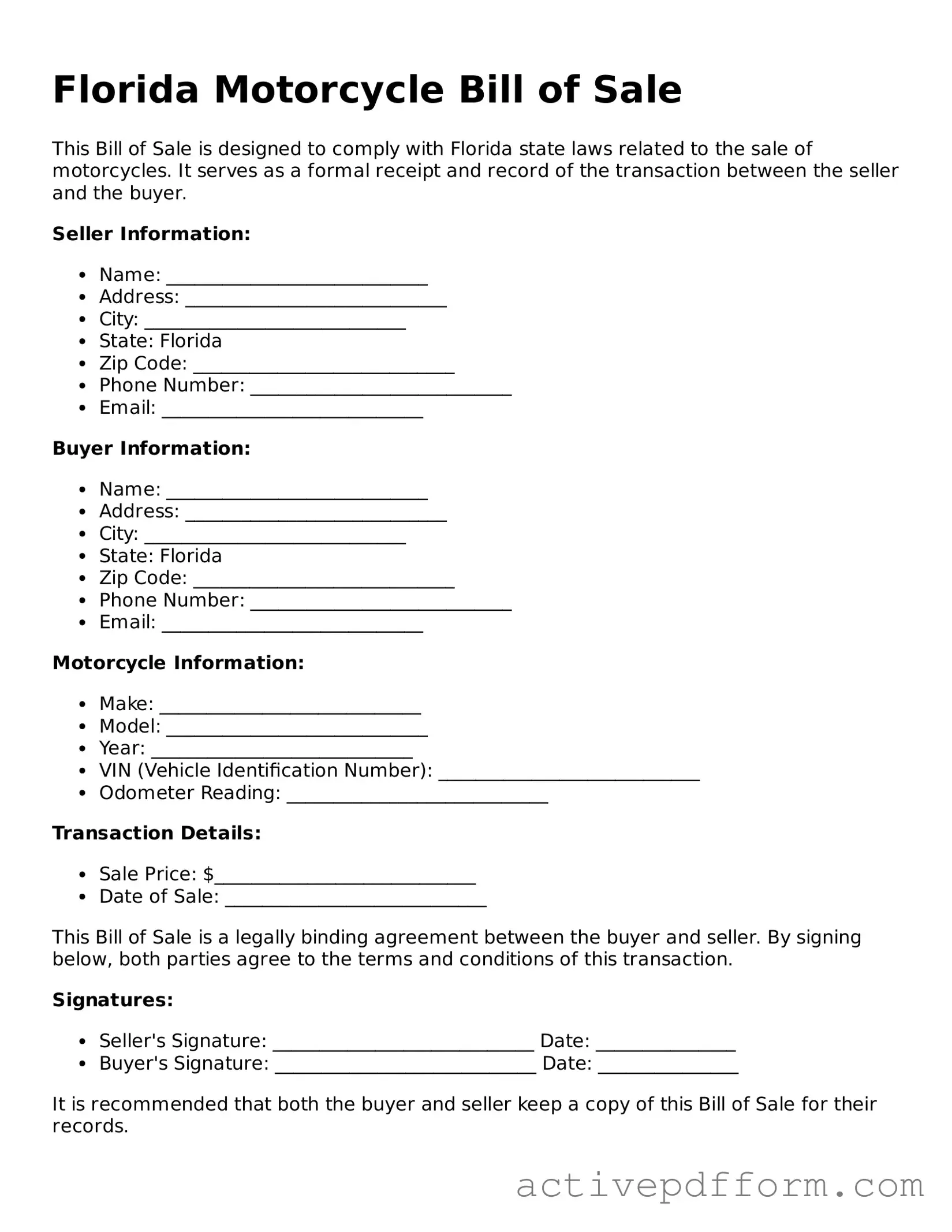 Blank Florida Motorcycle Bill of Sale Document