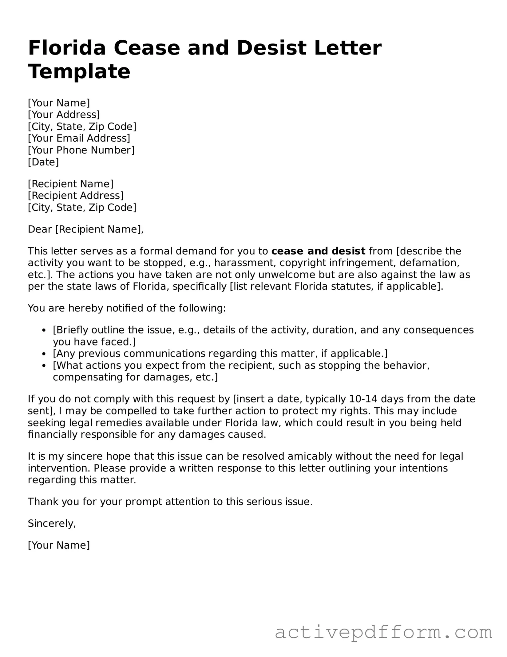 Blank Florida Cease and Desist Letter Document