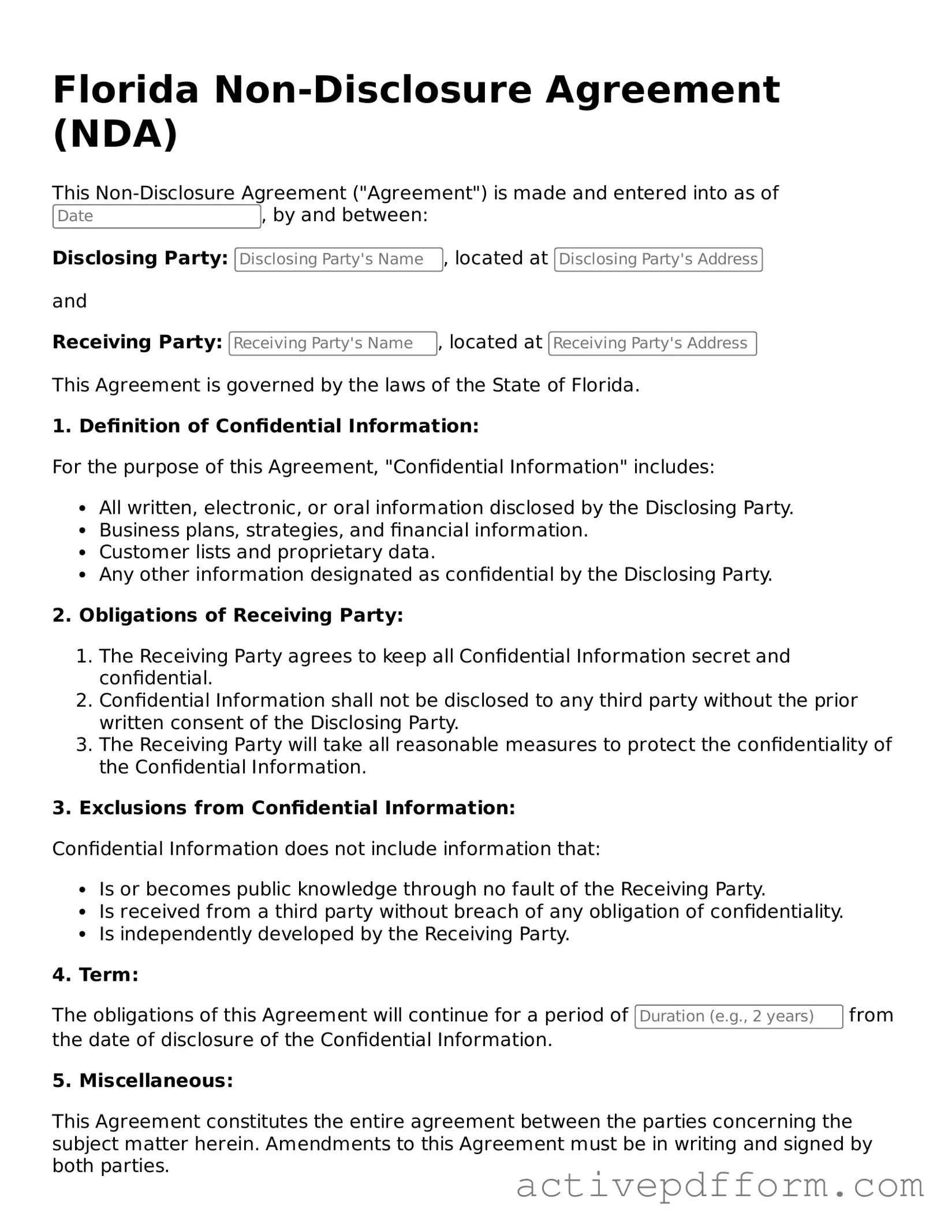 Blank Florida Non-disclosure Agreement Document