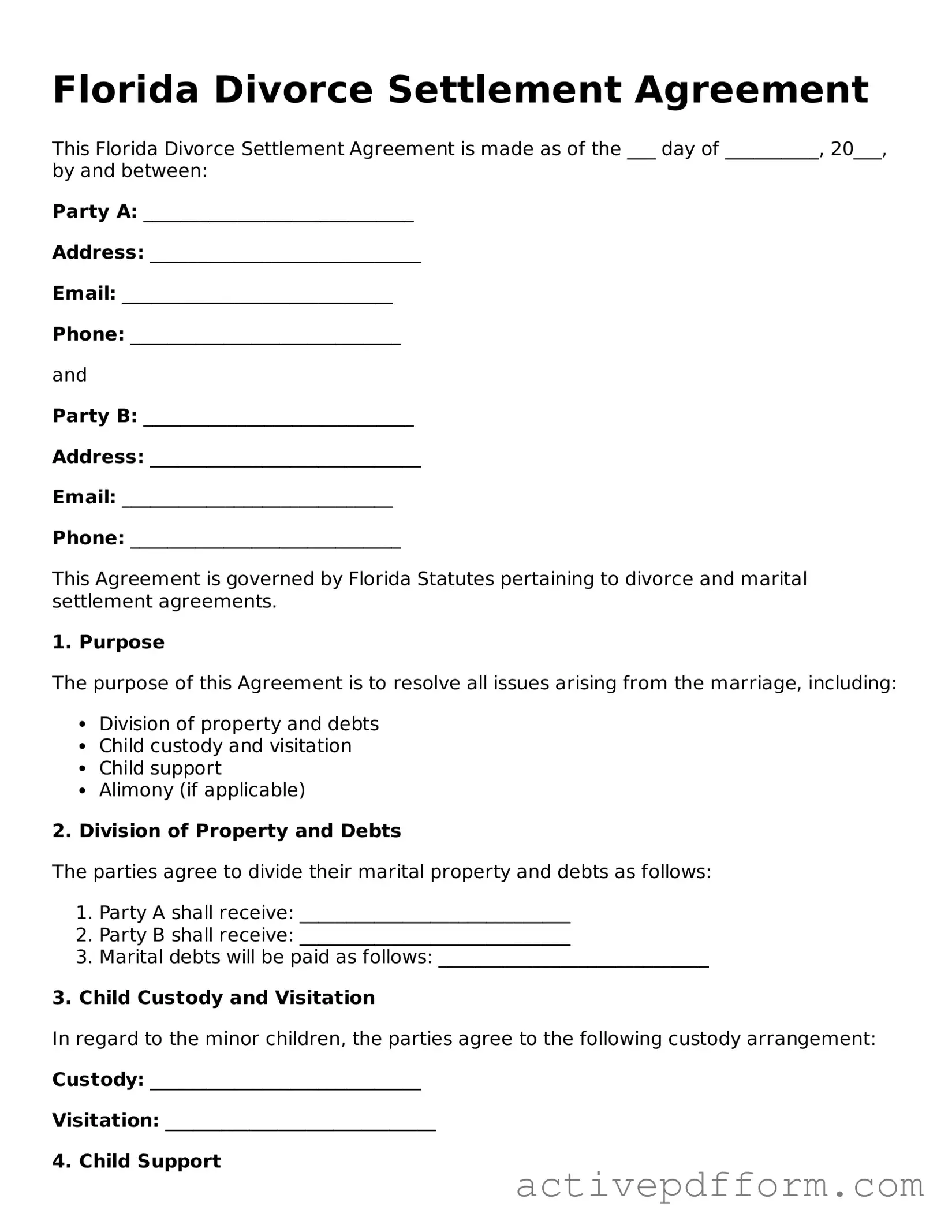 Blank Florida Divorce Settlement Agreement Document