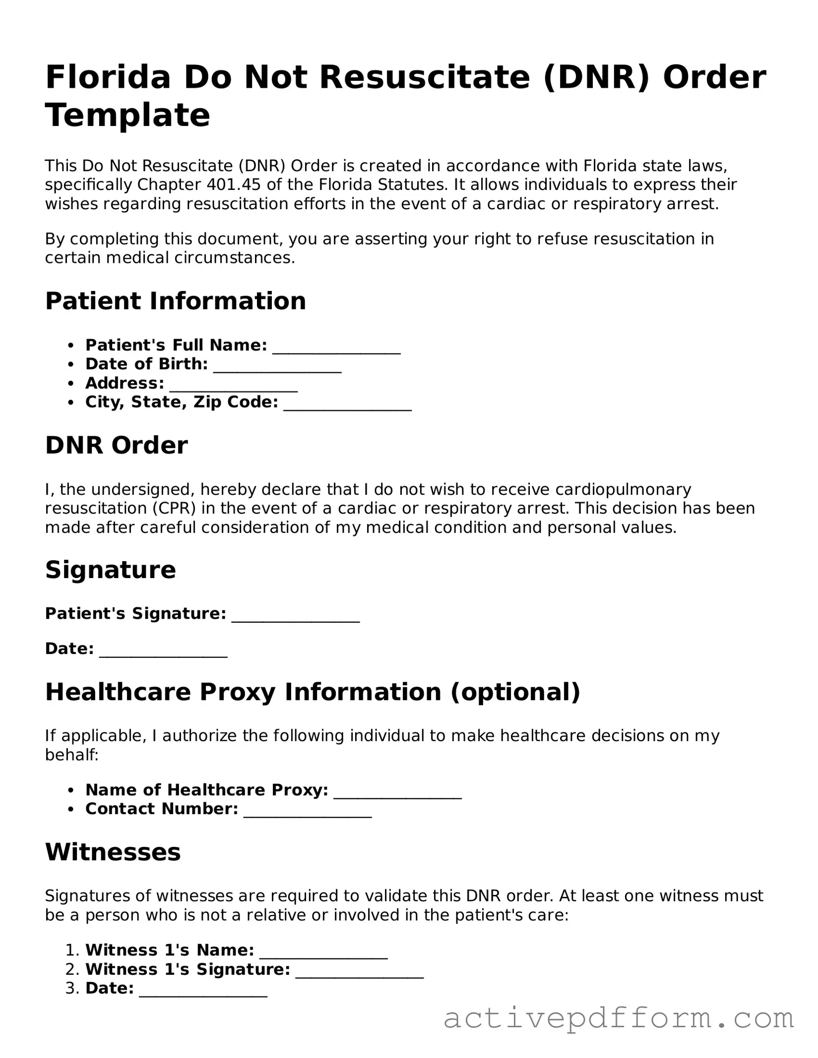 Blank Florida Do Not Resuscitate Order Document