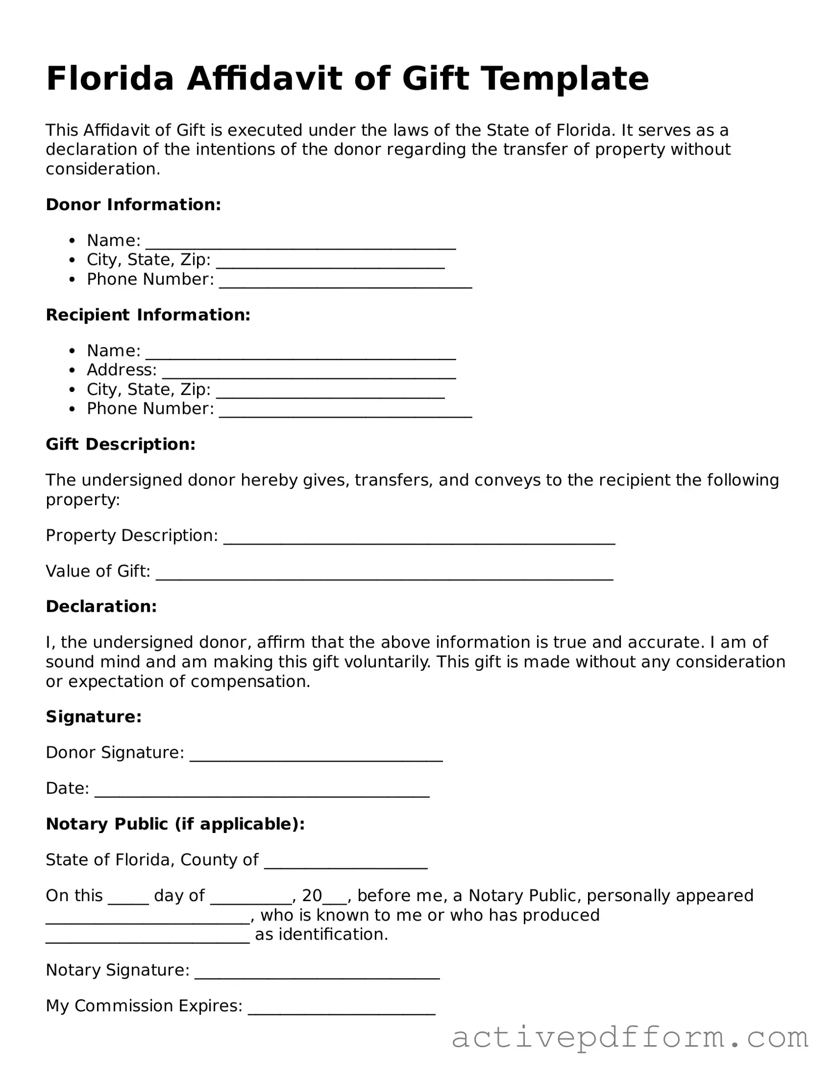 Blank Florida Affidavit of Gift Document