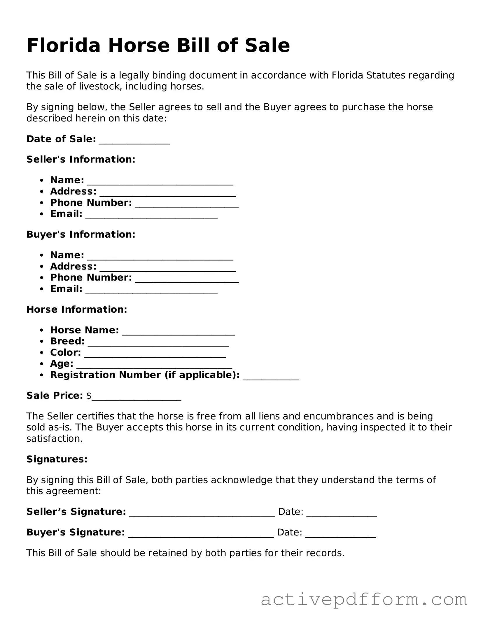 Blank Florida Horse Bill of Sale Document