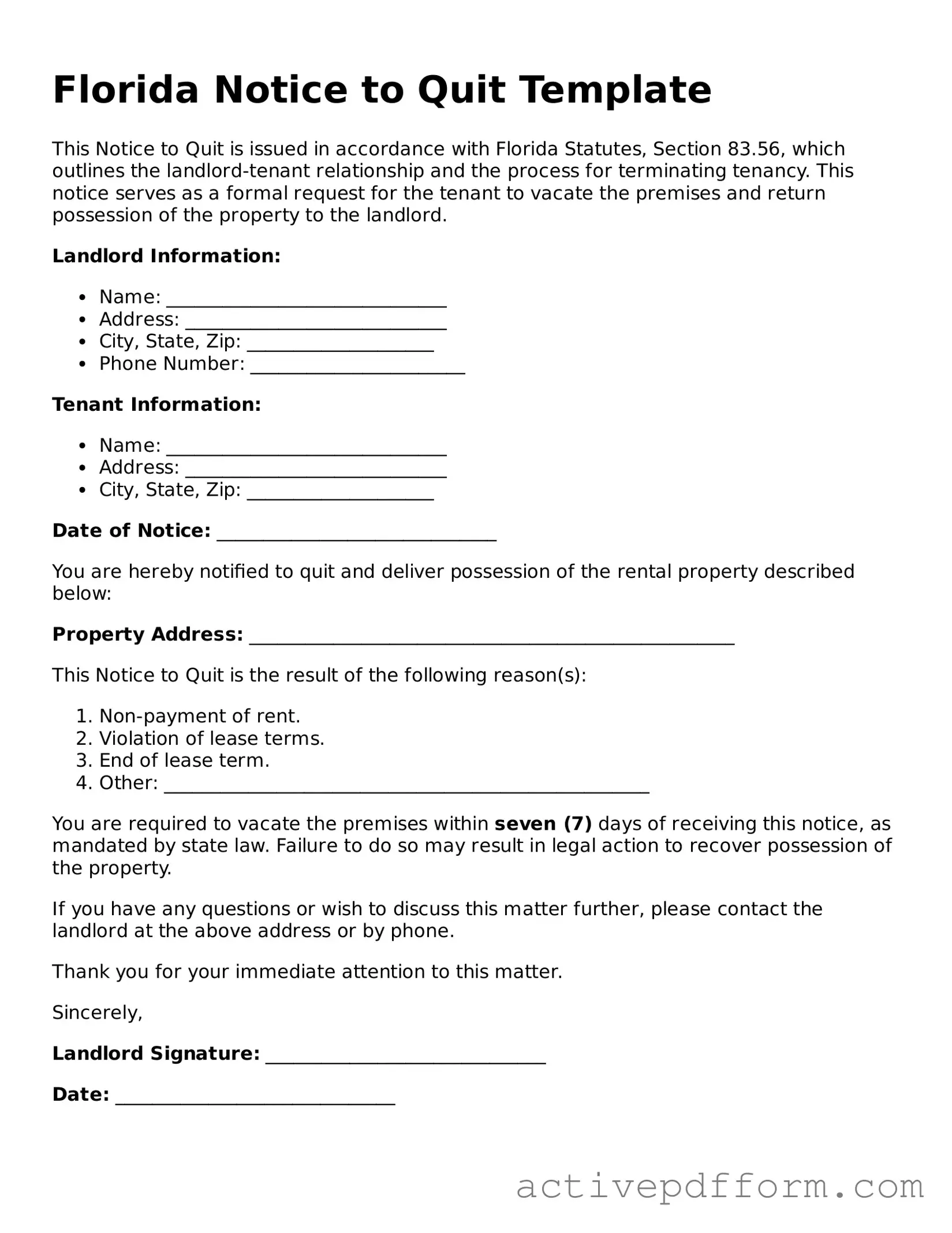 Blank Florida Notice to Quit Document