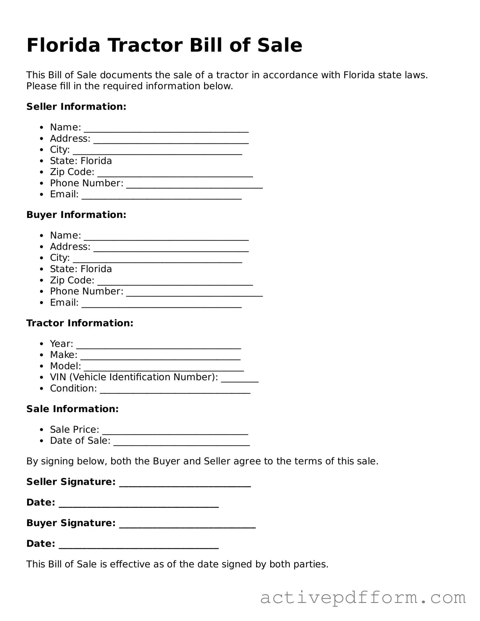 Blank Florida Tractor Bill of Sale Document