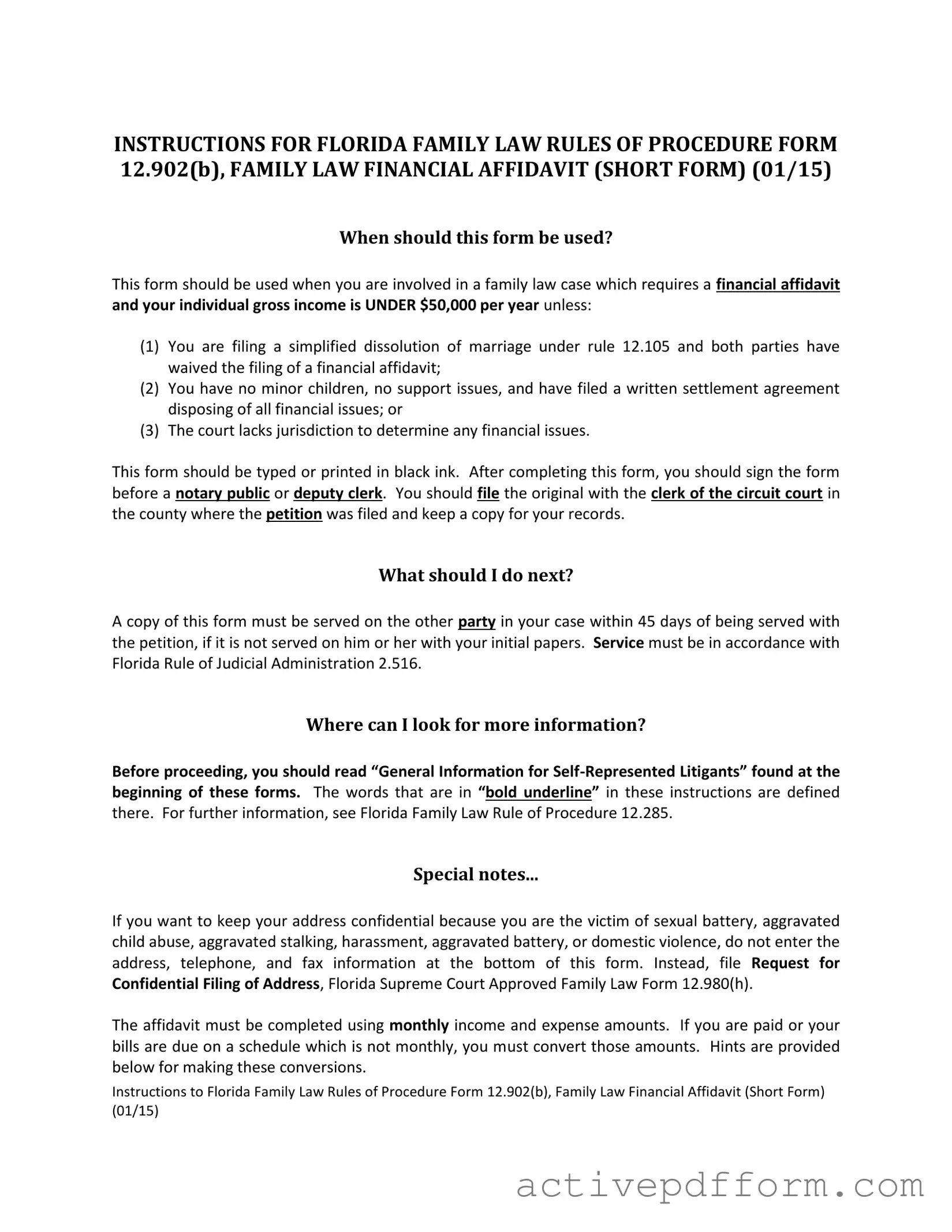 Free Florida Financial Affidavit Short 12.902(b) Template