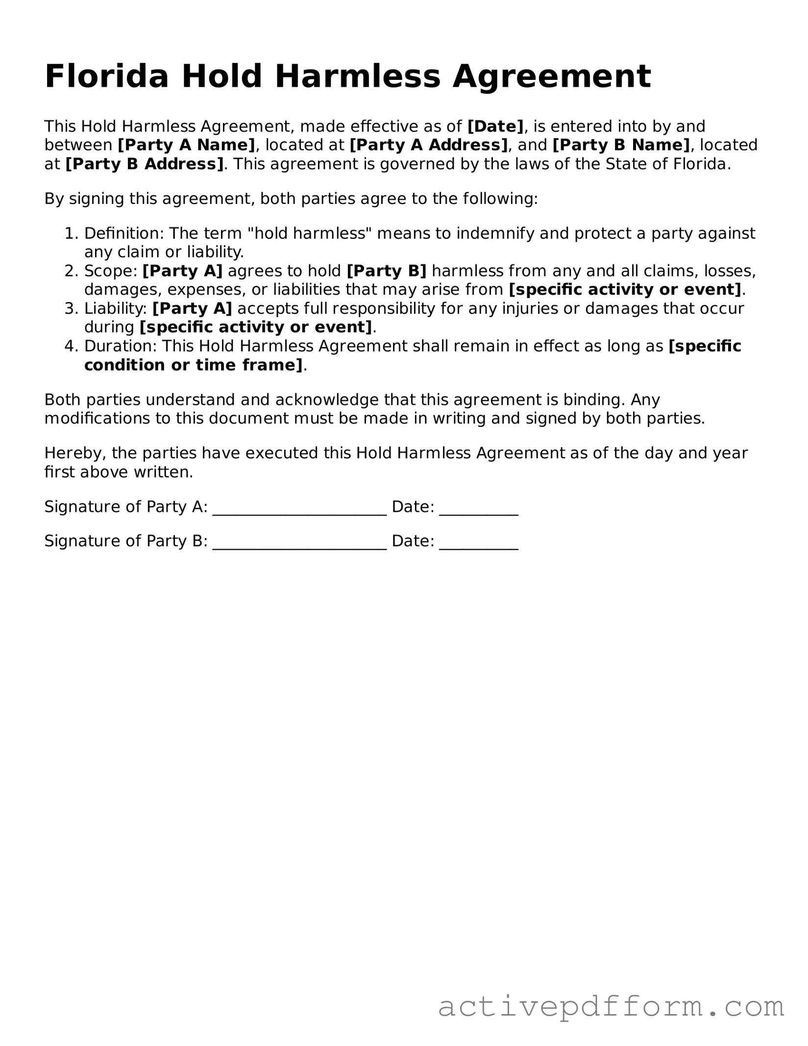 Blank Florida Hold Harmless Agreement Document