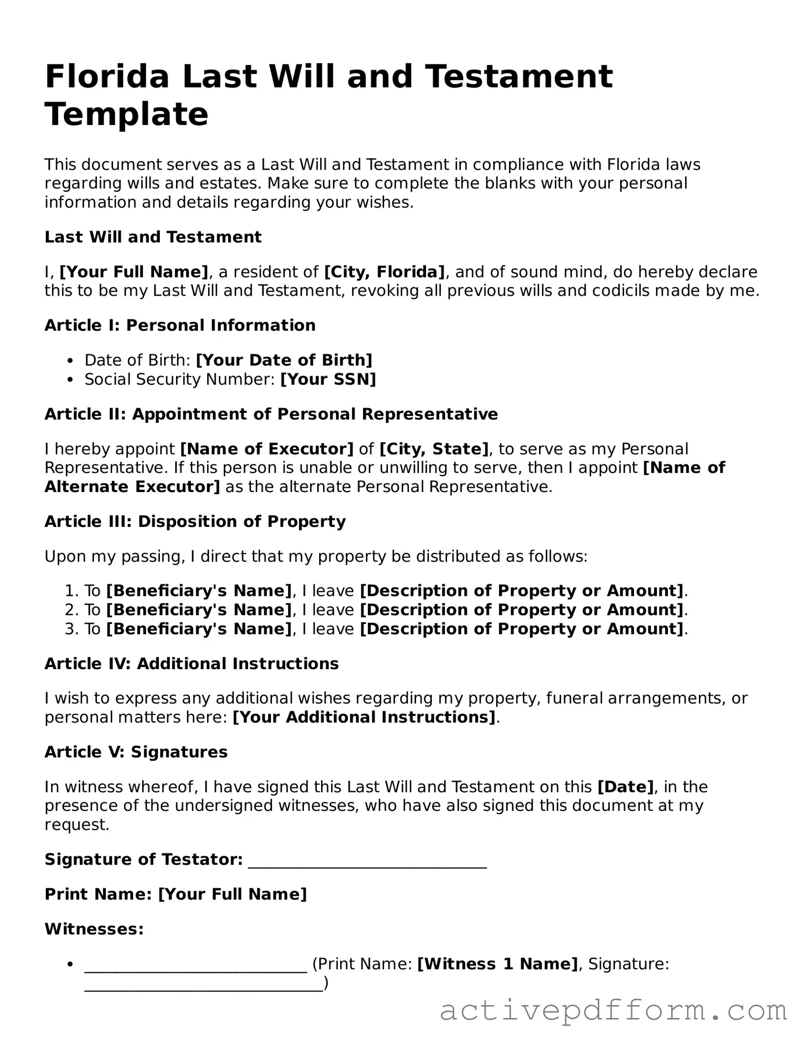 Blank Florida Last Will and Testament Document