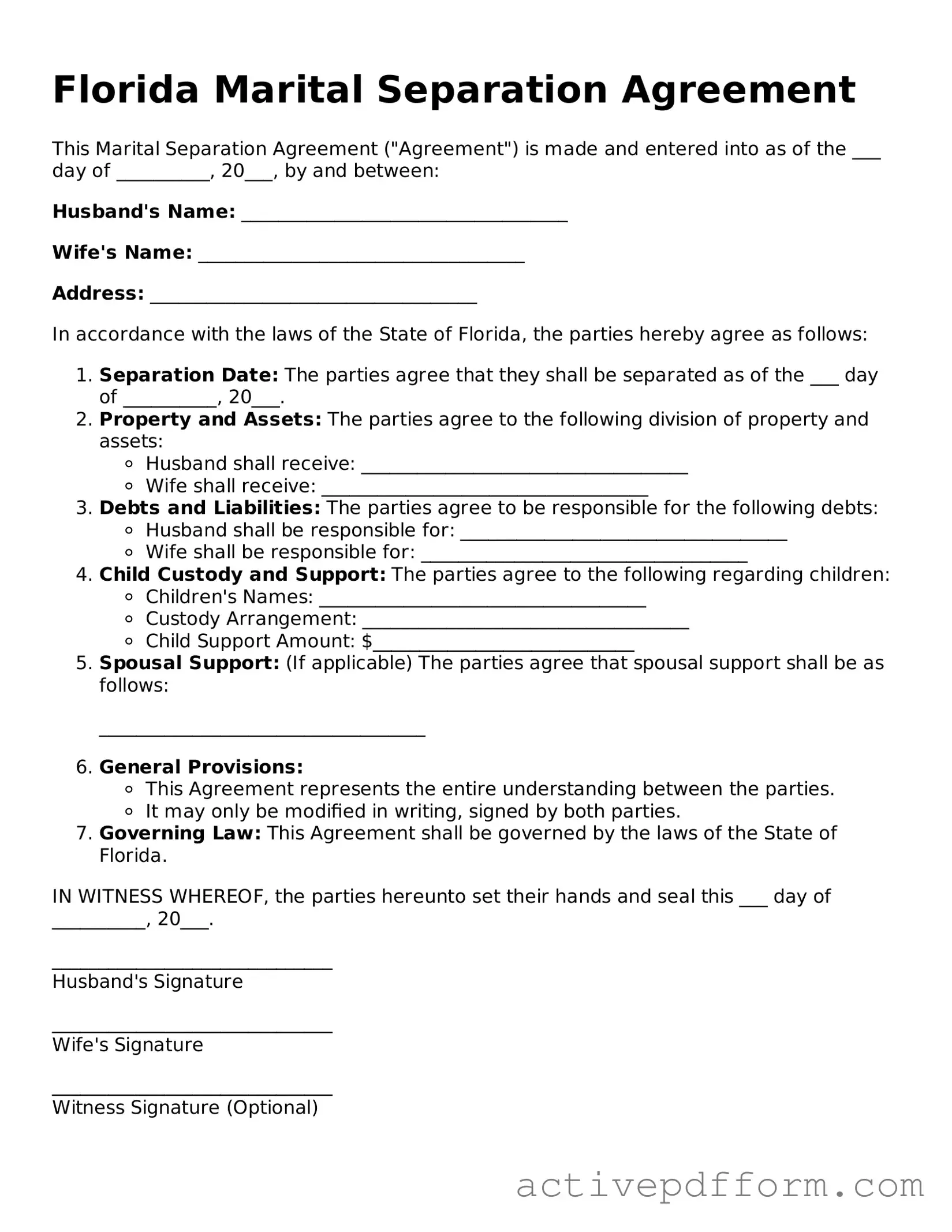 Blank Florida Marital Separation Agreement Document
