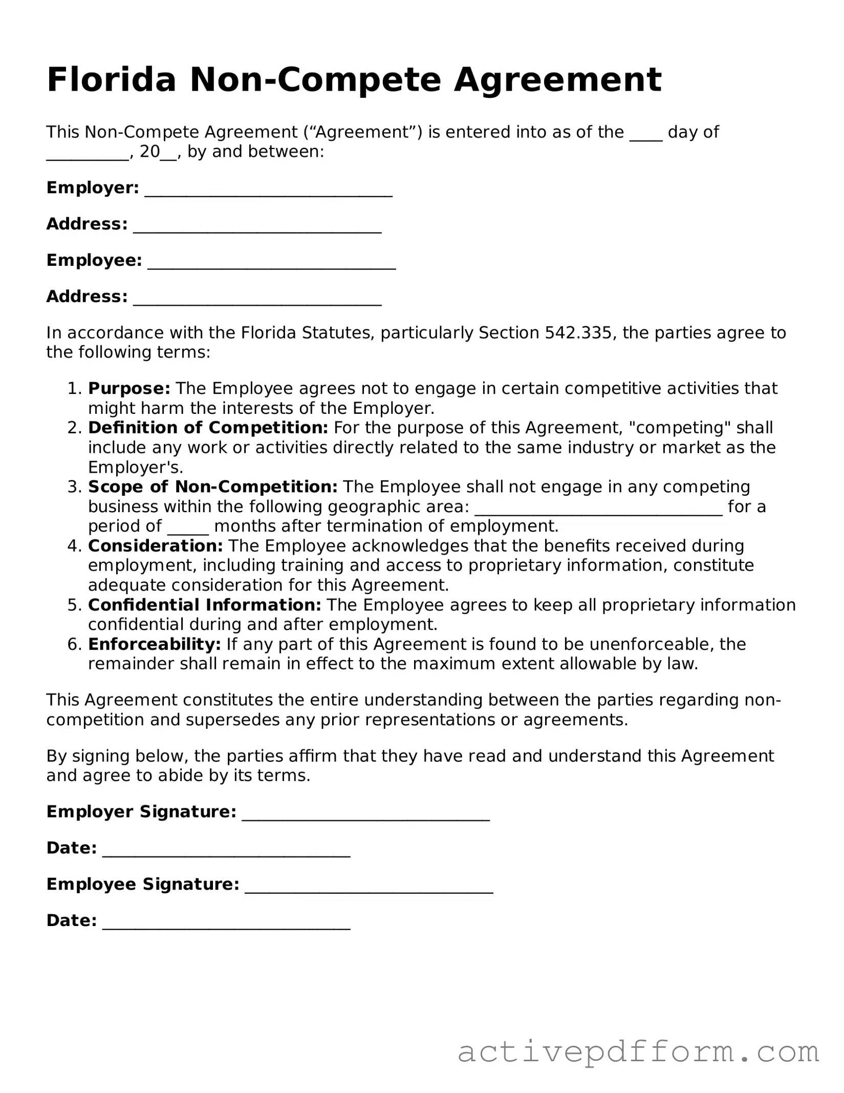 Blank Florida Non-compete Agreement Document