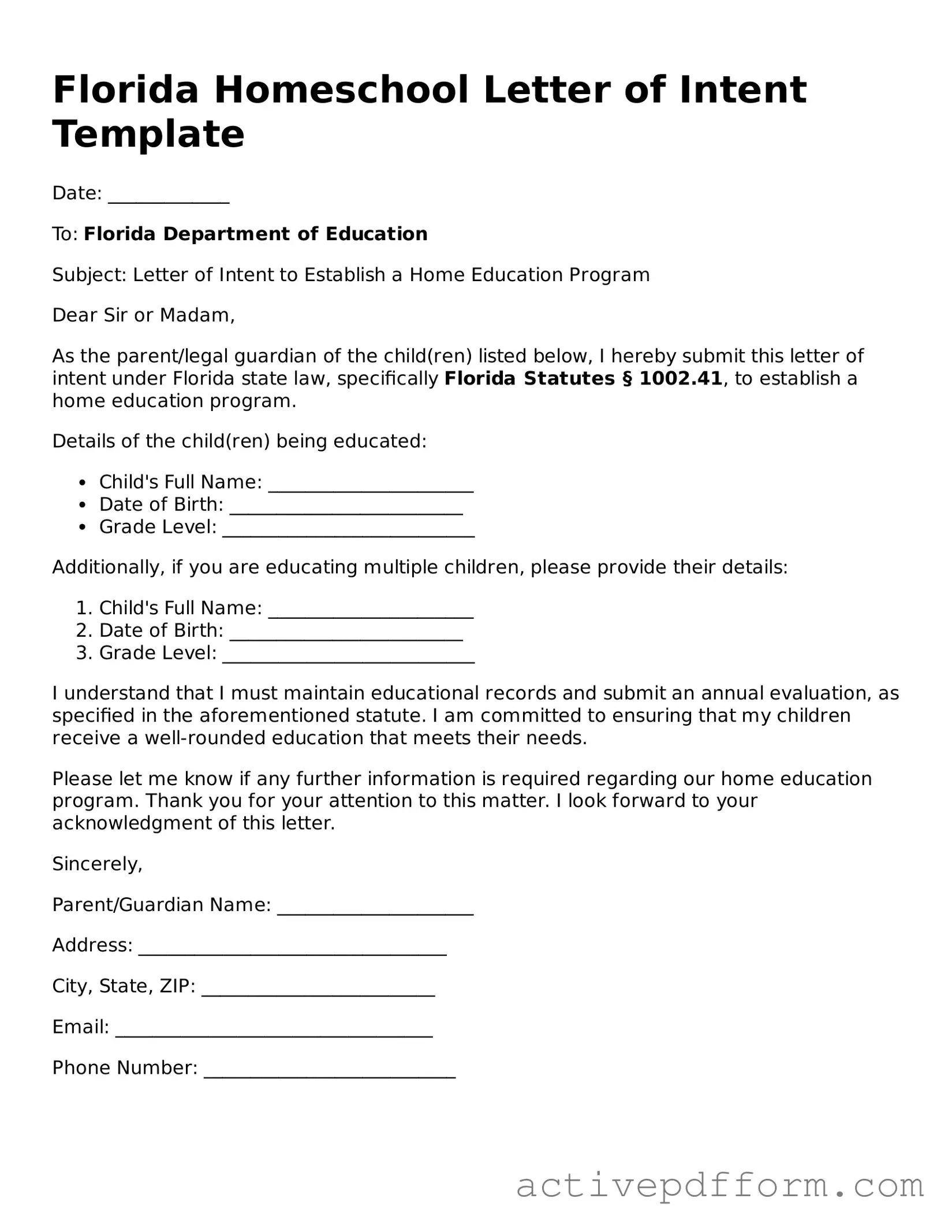 Blank Florida Homeschool Letter of Intent Document