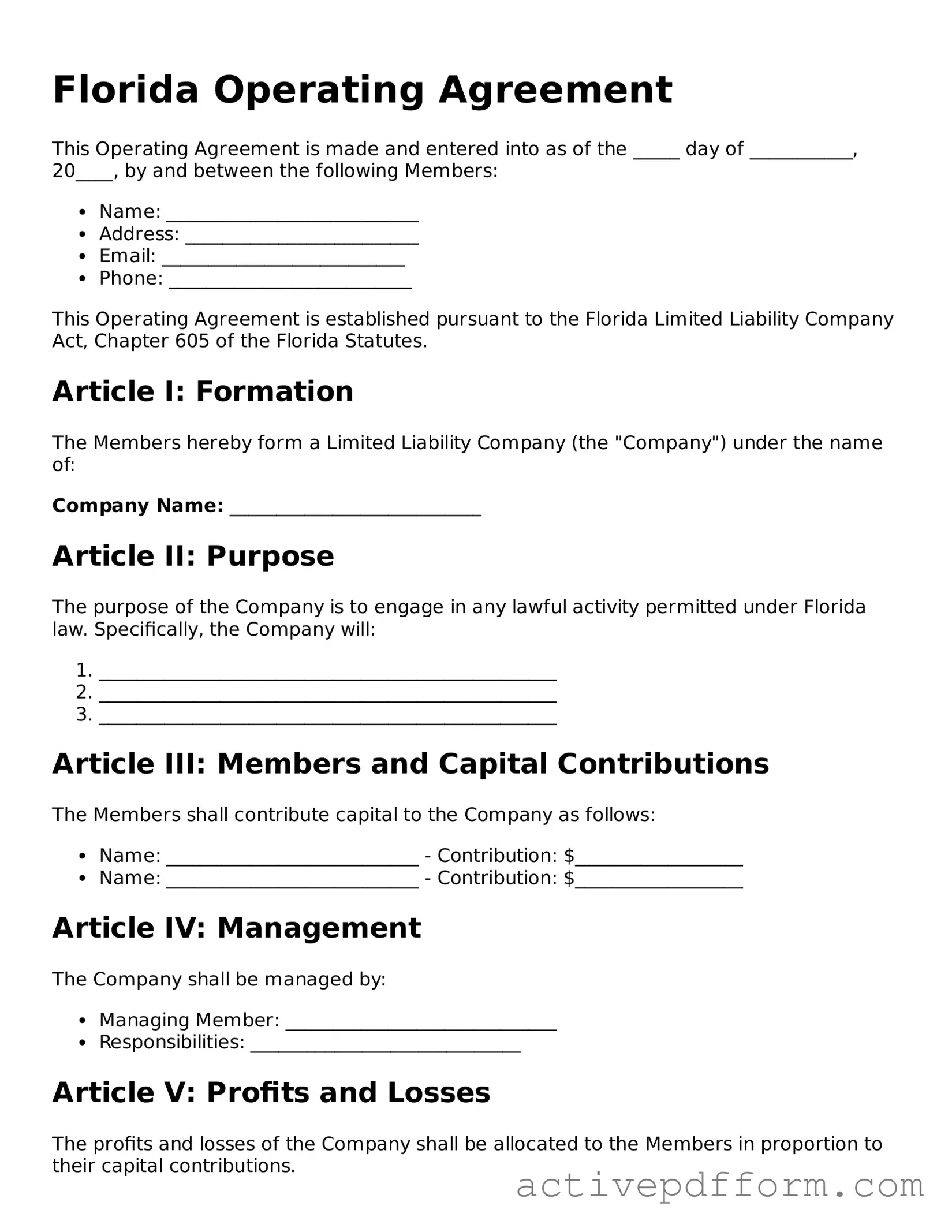 Blank Florida Operating Agreement Document