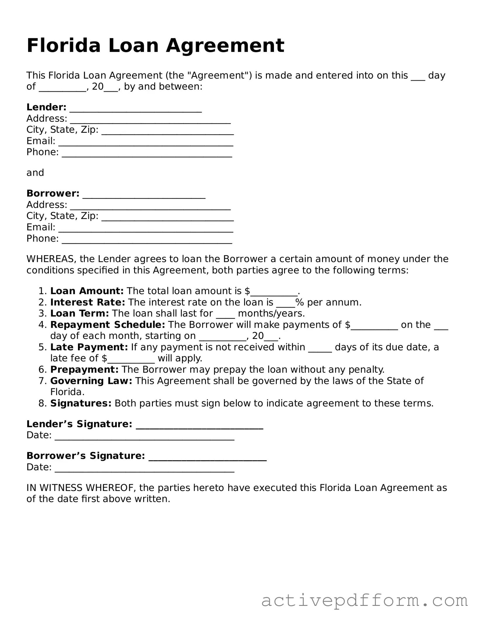 Blank Florida Loan Agreement Document