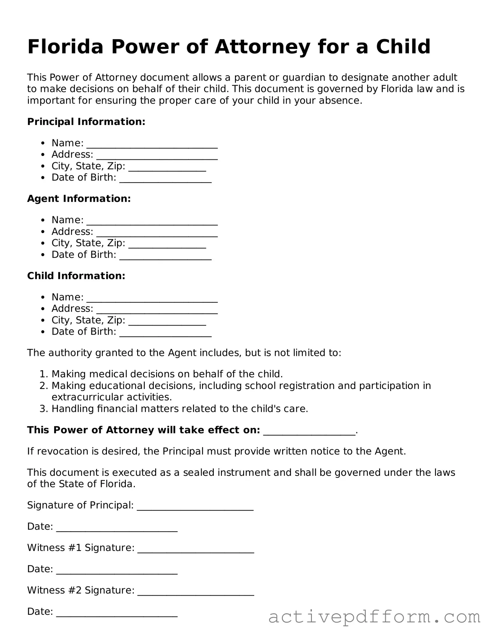 Blank Florida Power of Attorney for a Child Document