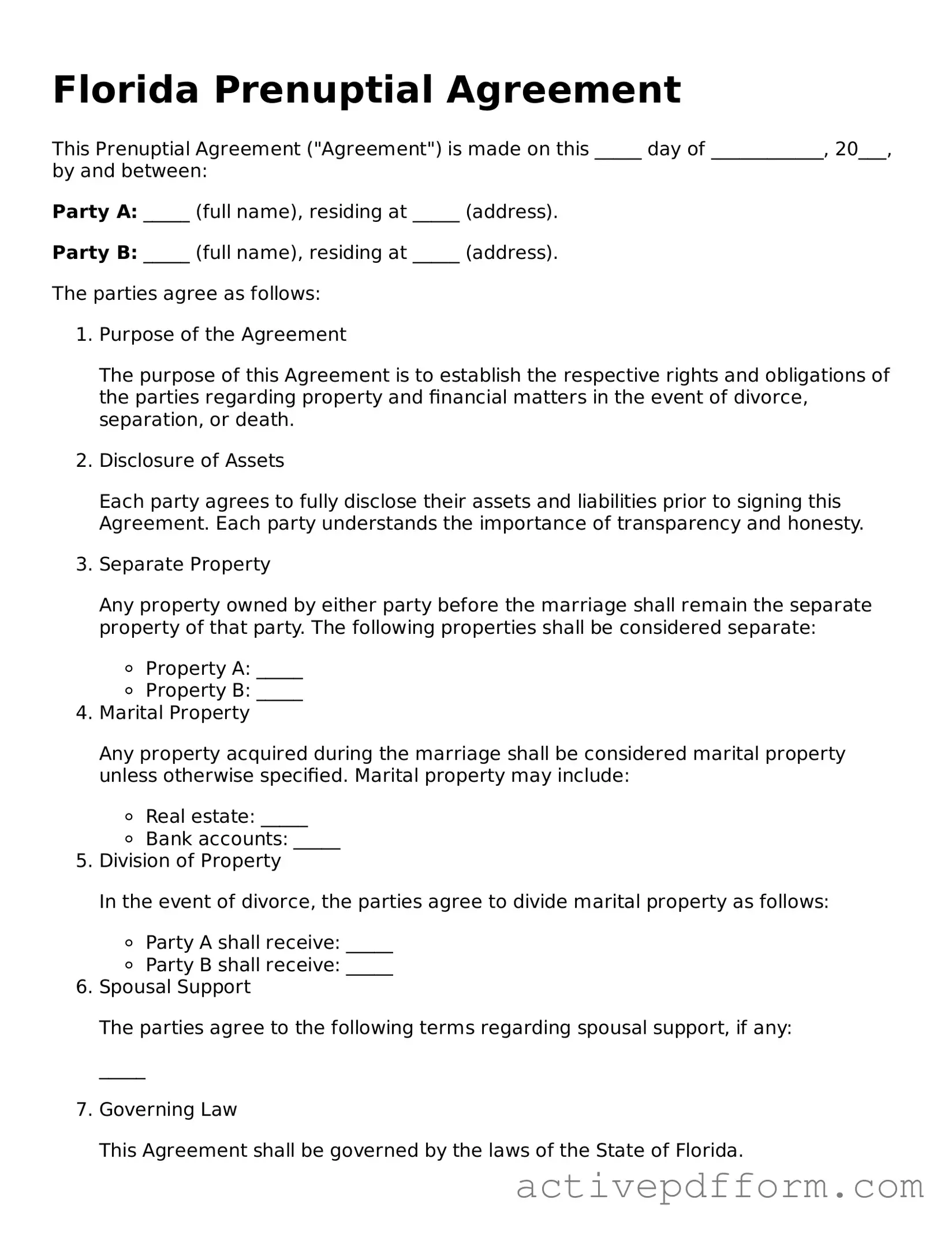 Blank Florida Prenuptial Agreement Document