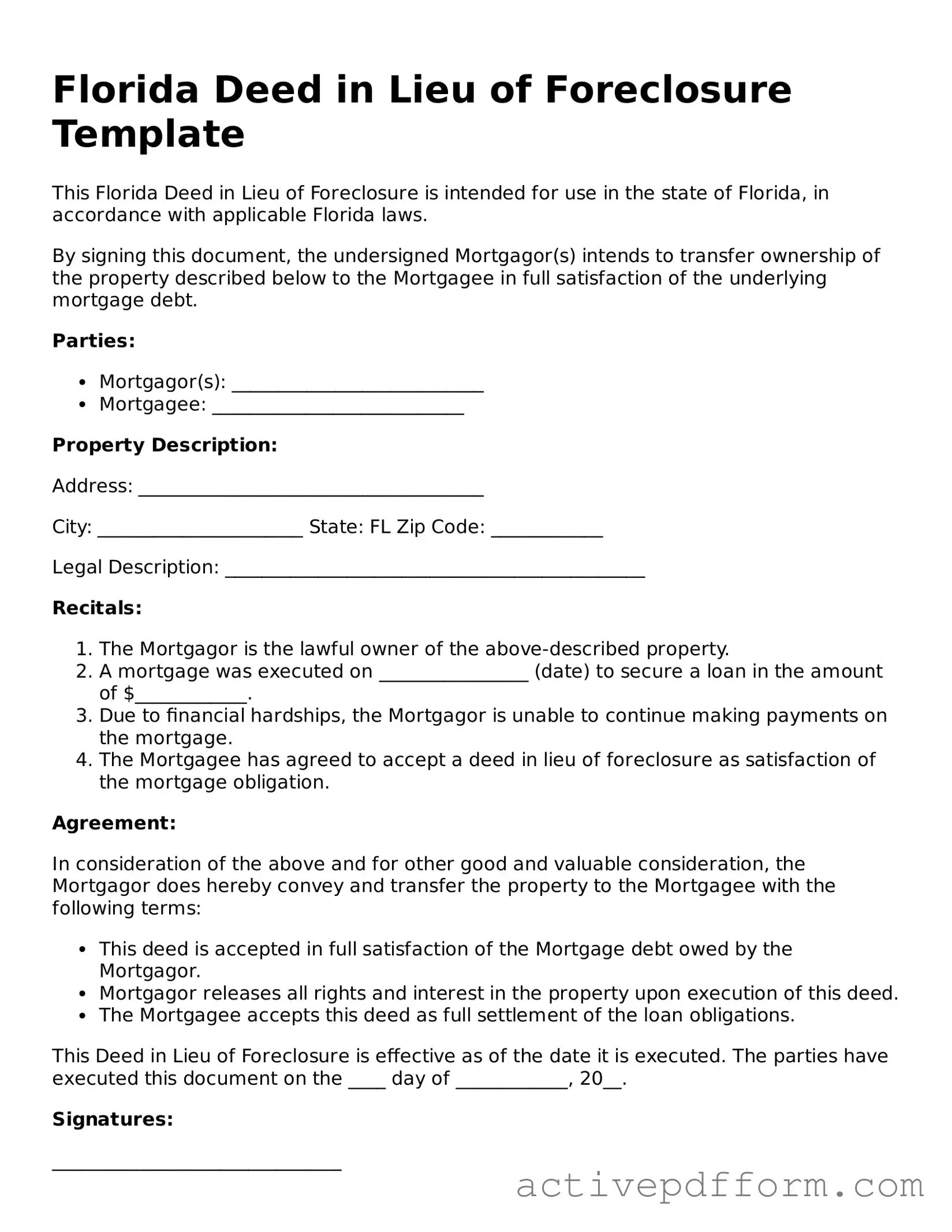 Blank Florida Deed in Lieu of Foreclosure Document