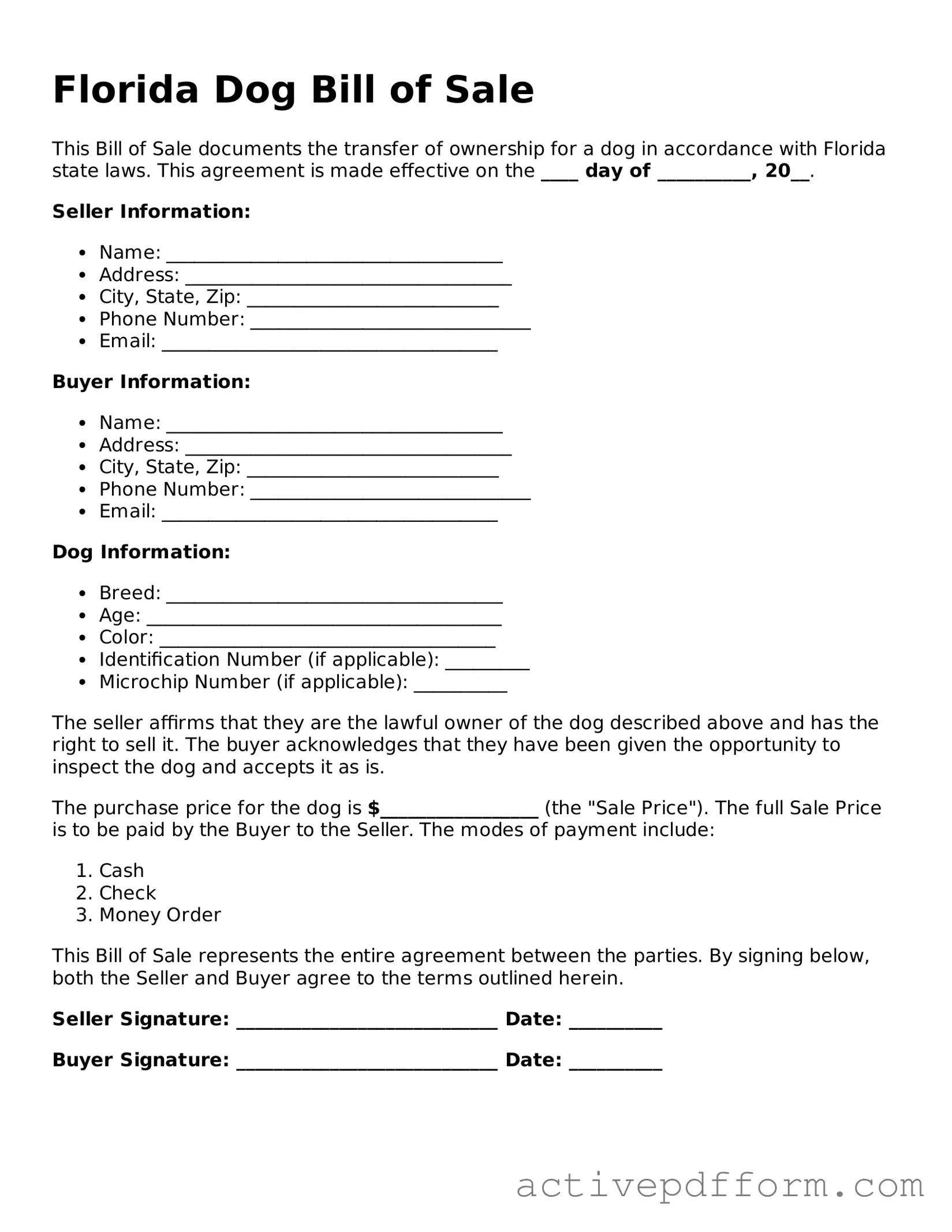 Blank Florida Dog Bill of Sale Document