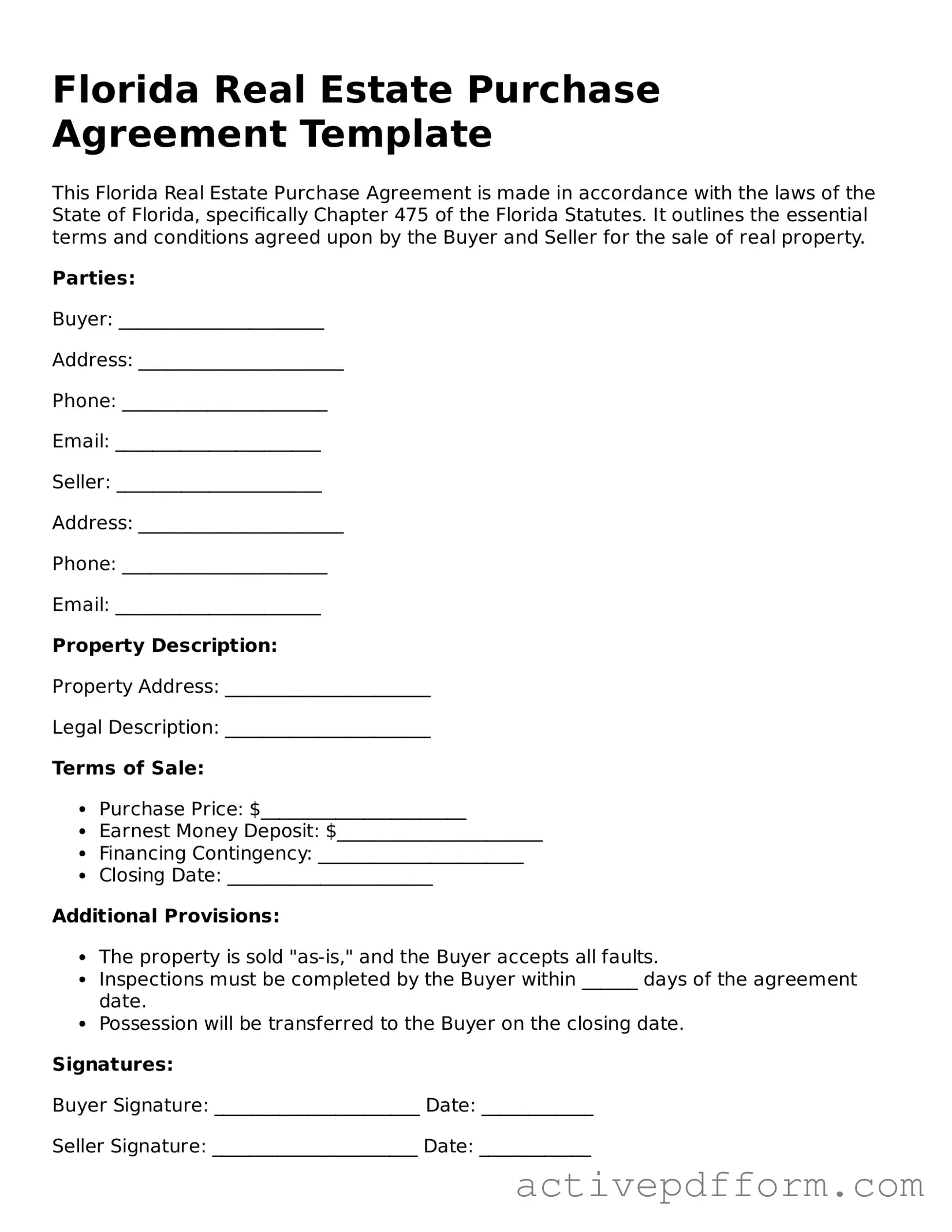 Blank Florida Real Estate Purchase Agreement Document