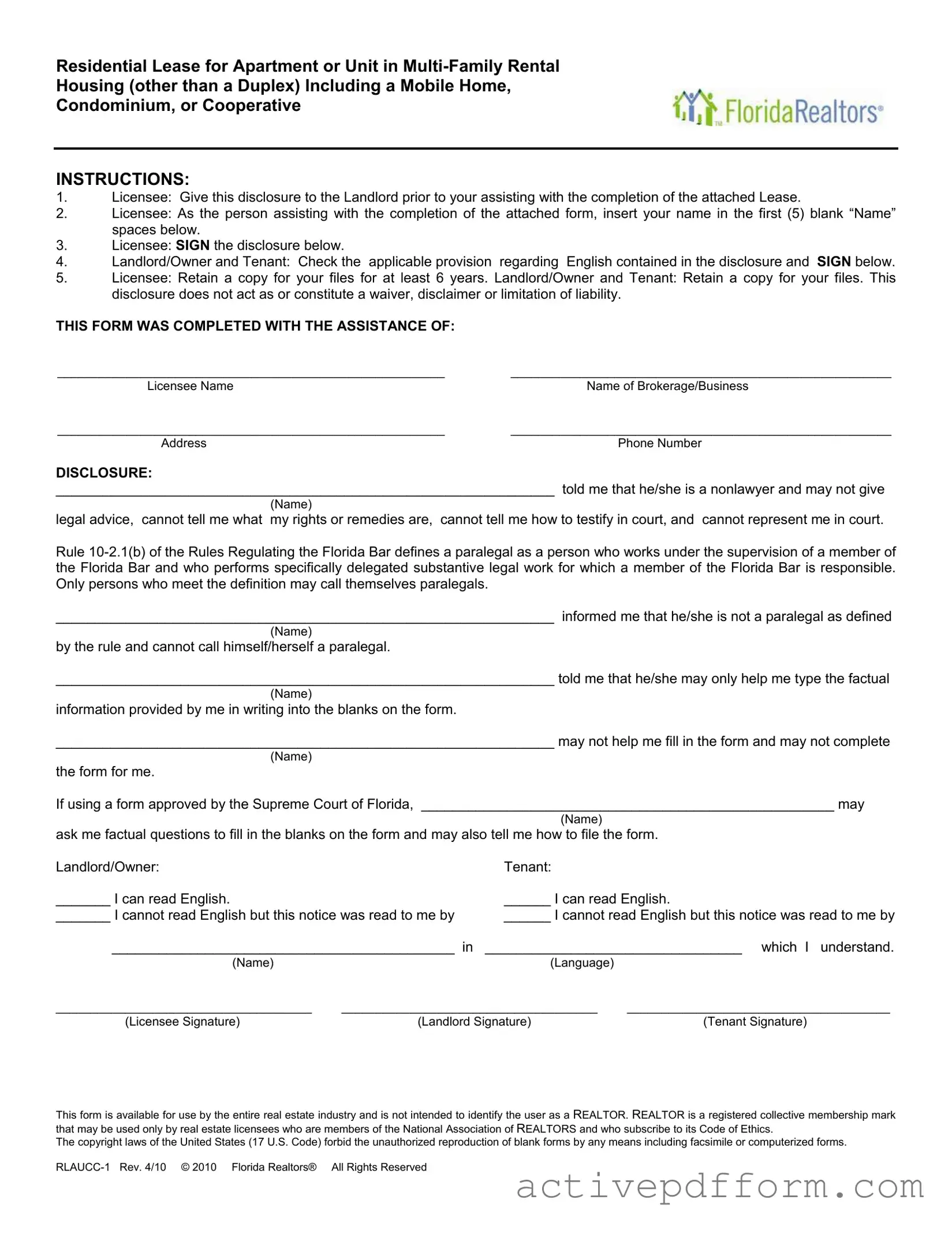 Free Florida Realtors Residential Lease Template