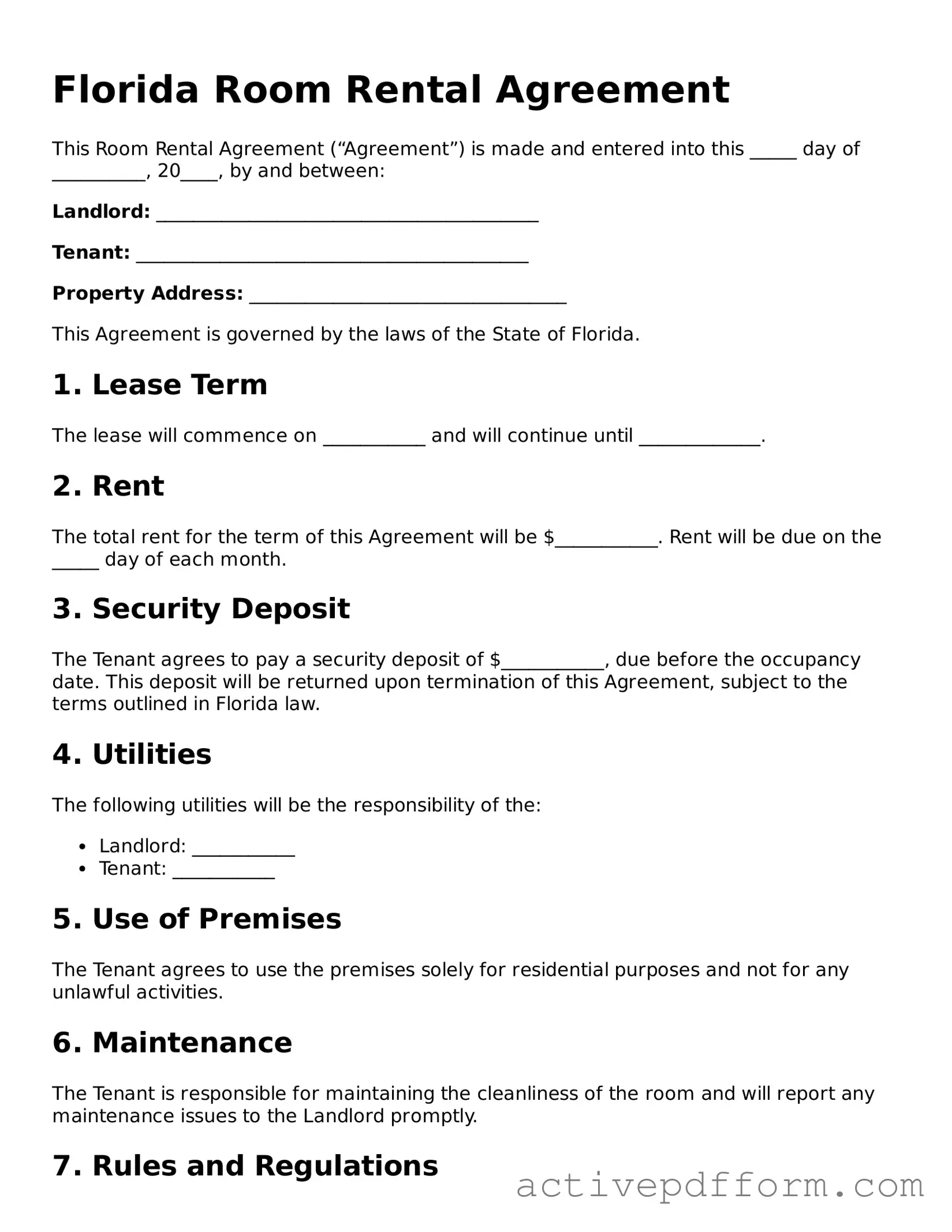Blank Florida Room Rental Agreement Document