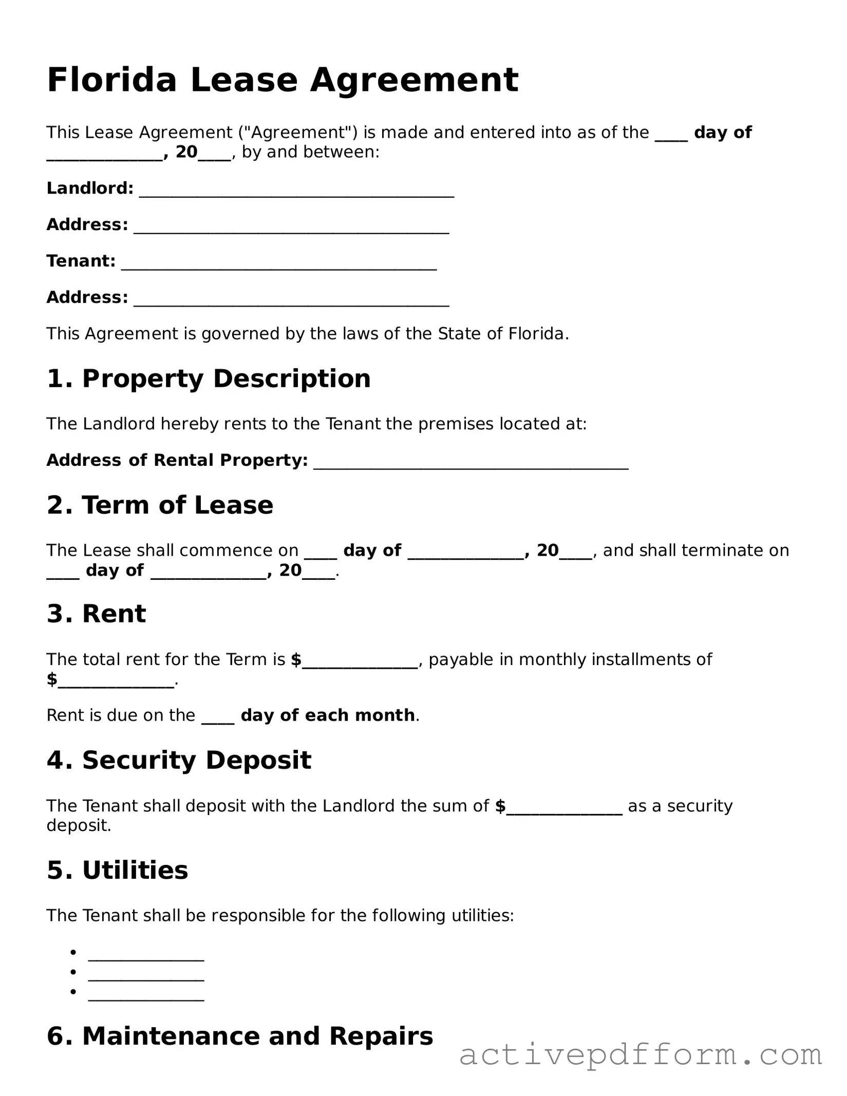 Blank Florida Lease Agreement Document