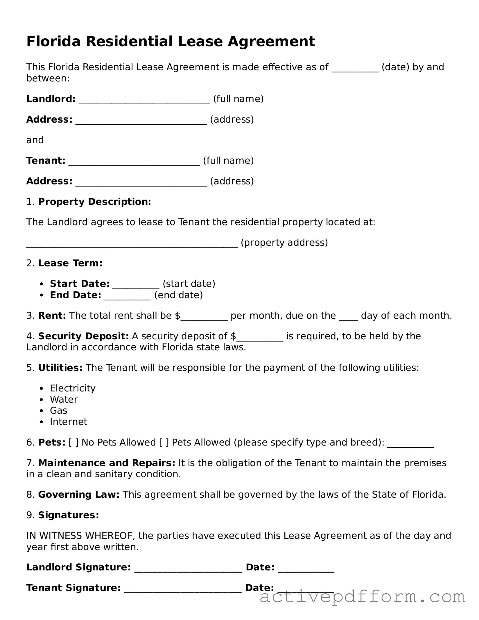 Blank Florida Residential Lease Agreement Document