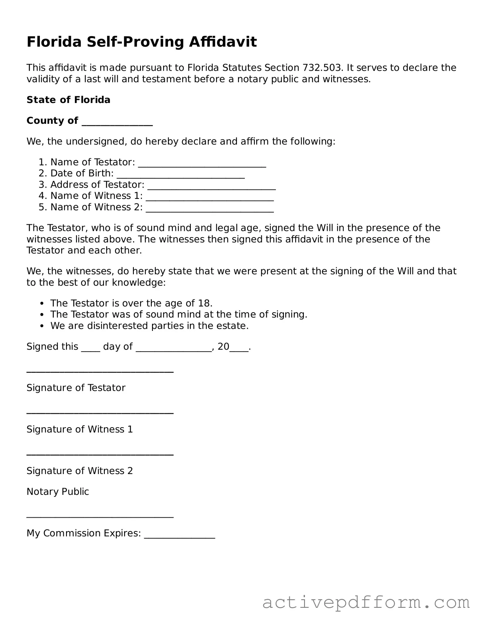 Blank Florida Self-Proving Affidavit Document
