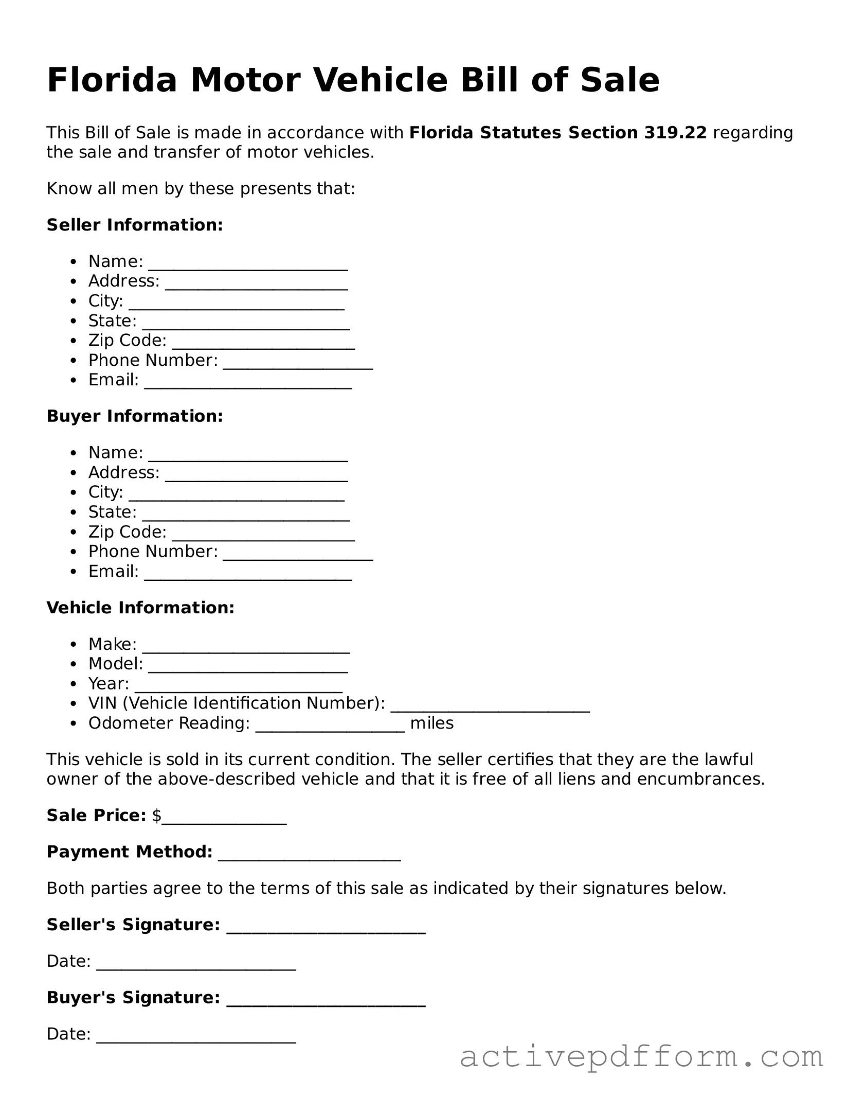 Blank Florida Motor Vehicle Bill of Sale Document