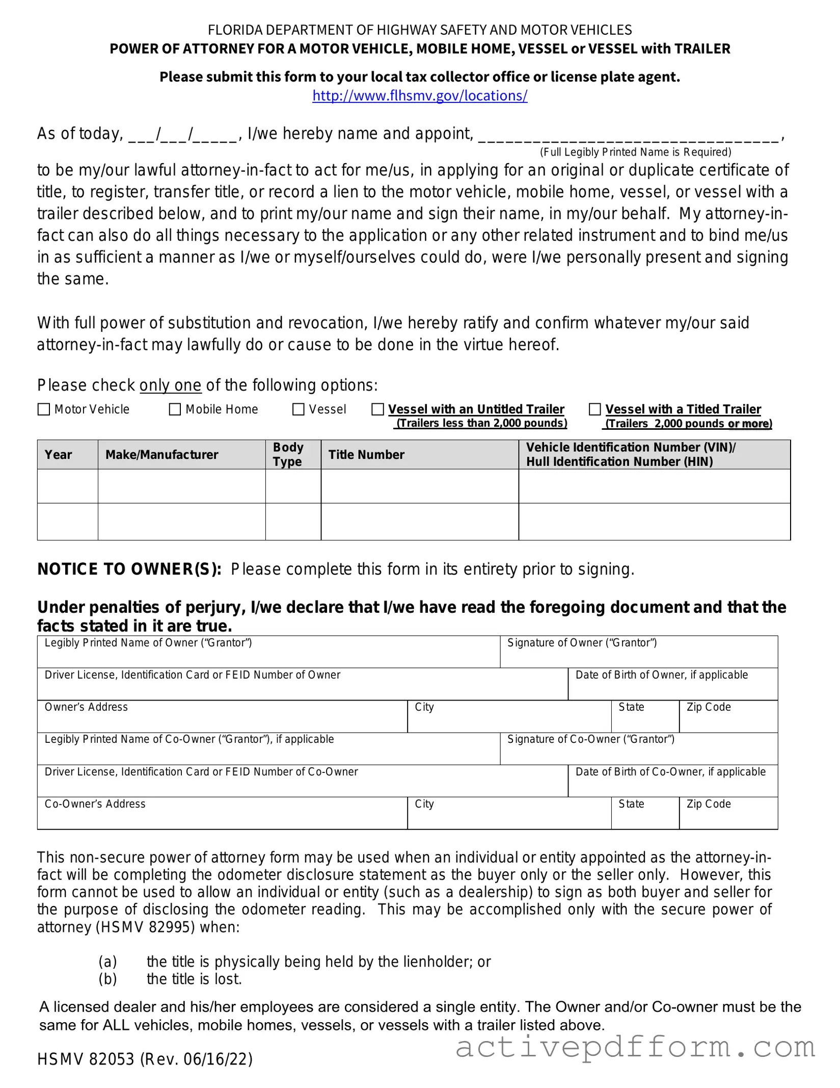 Free Florida Vehicle POA form 82053 Template