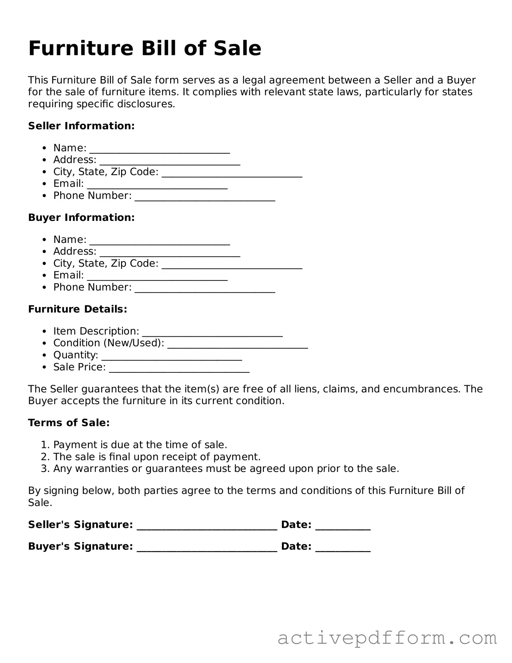 Blank Furniture Bill of Sale Document