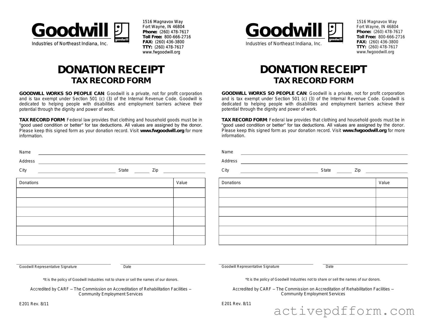 Free Goodwill donation receipt Template