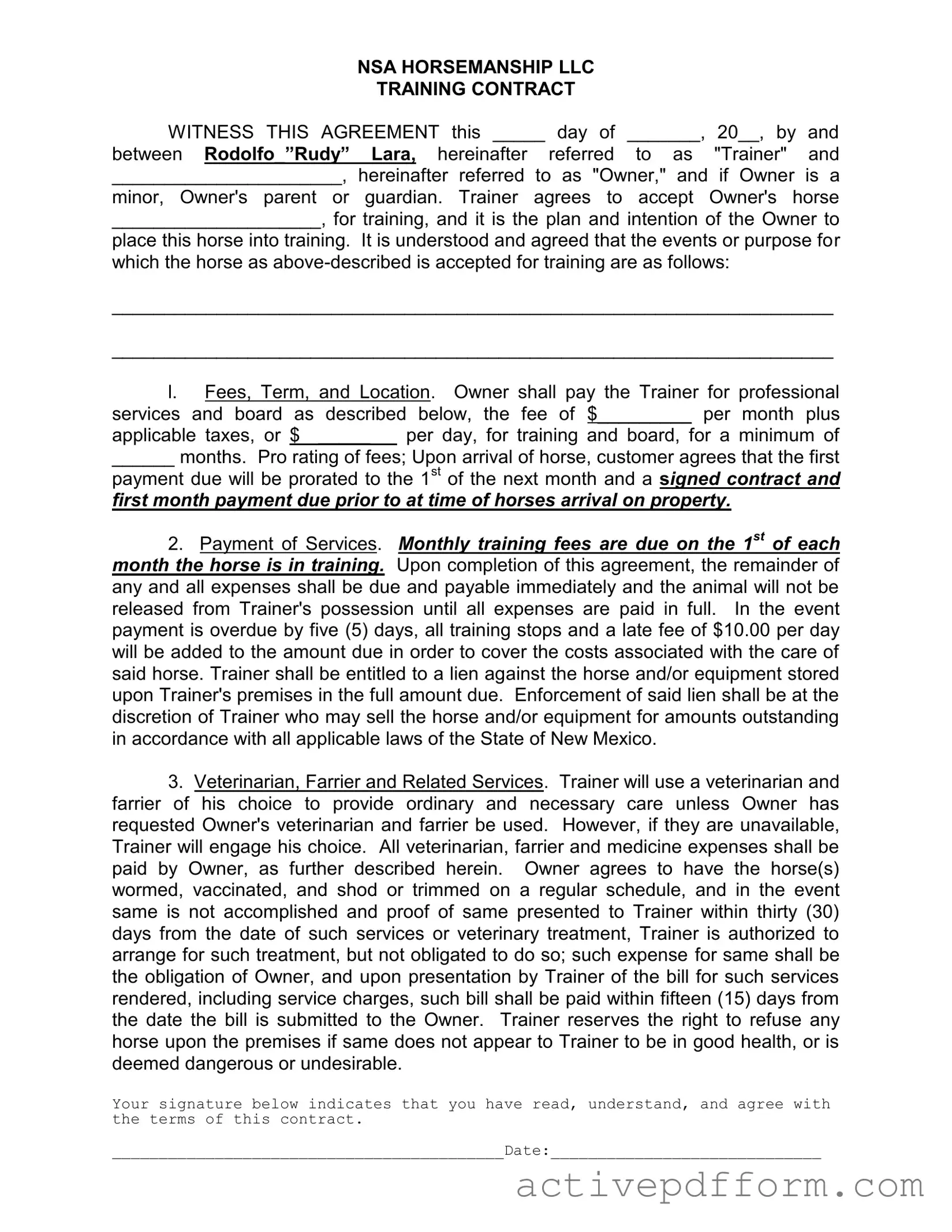 Free Horse Training Contract Template