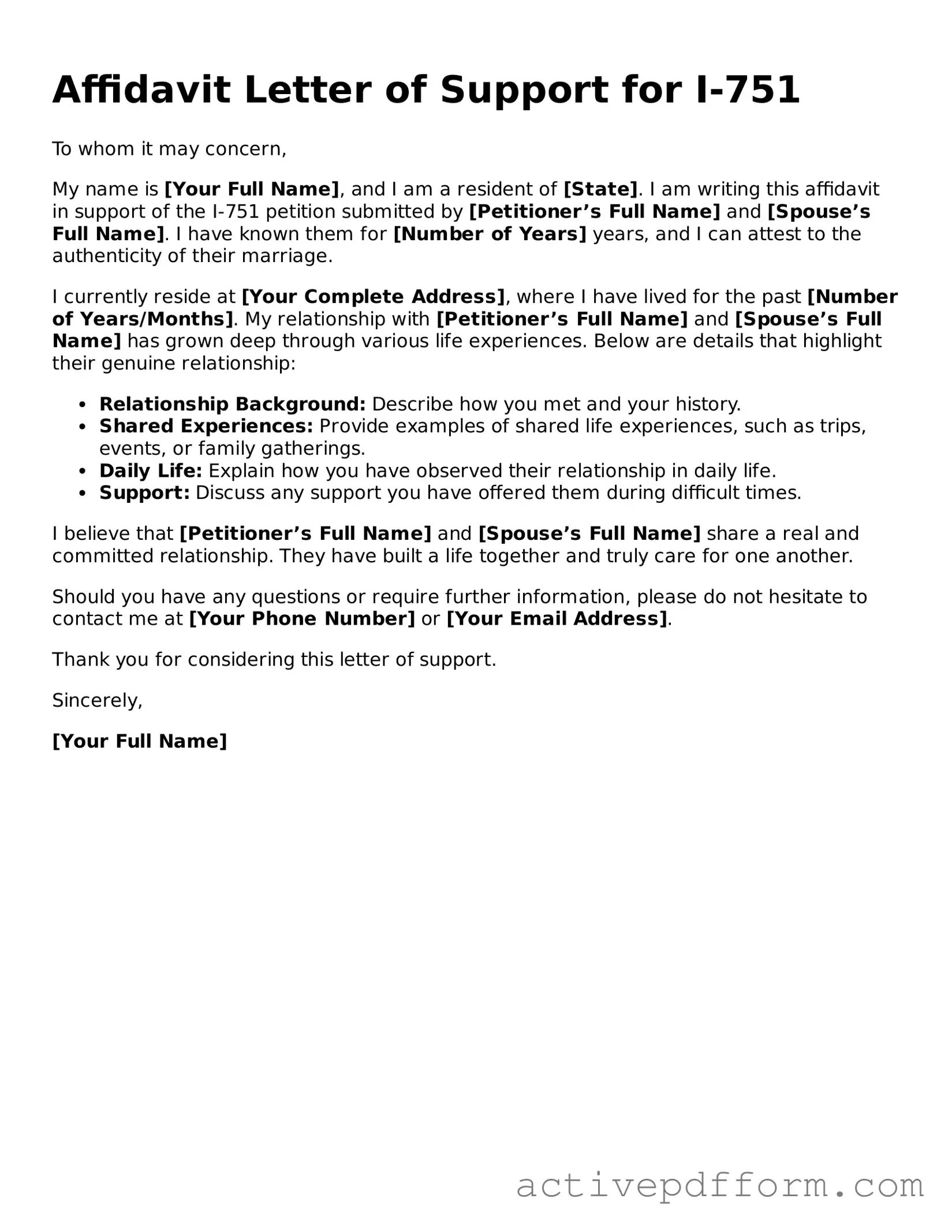 Blank Affidavit Letter of Support for I-751 Document