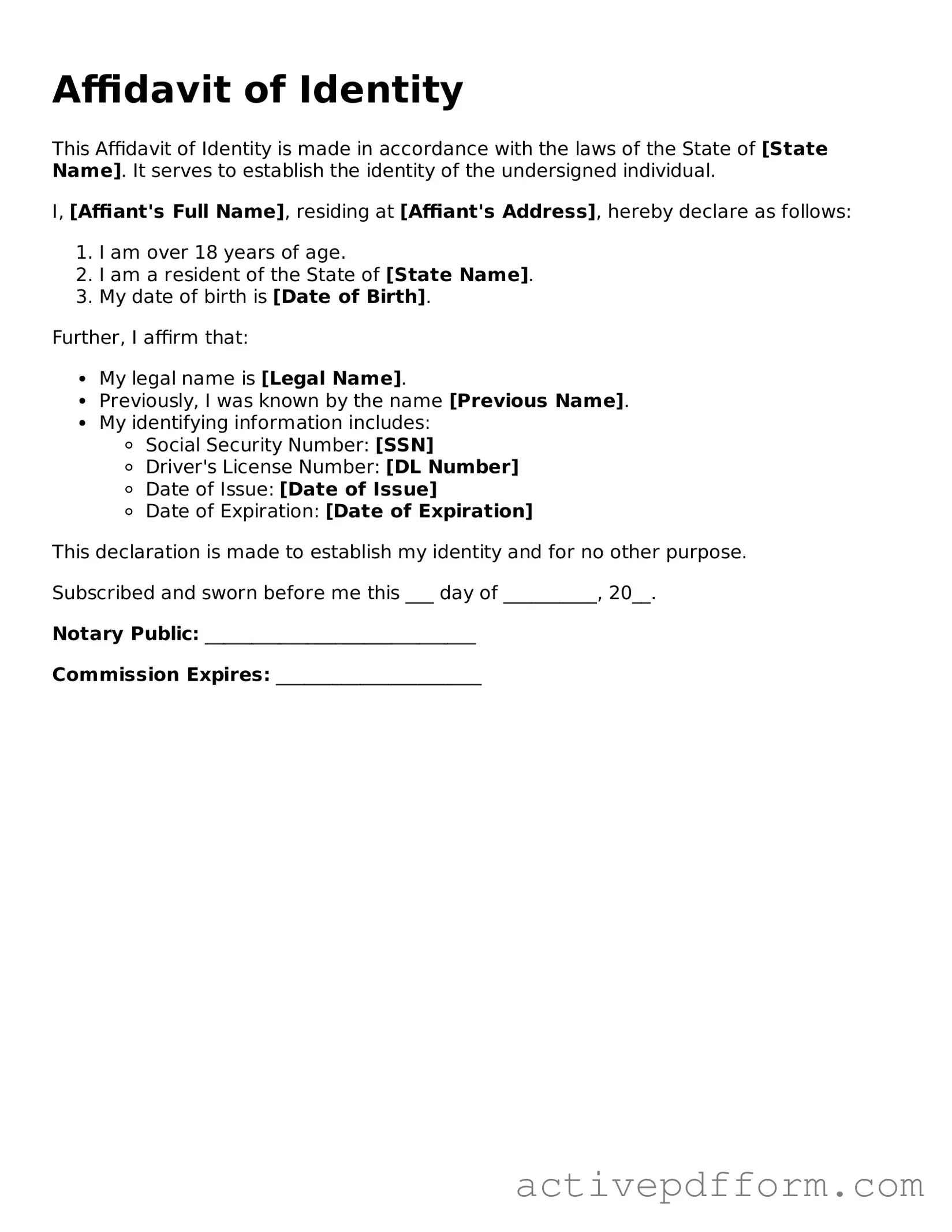 Blank Affidavit of Identity Document