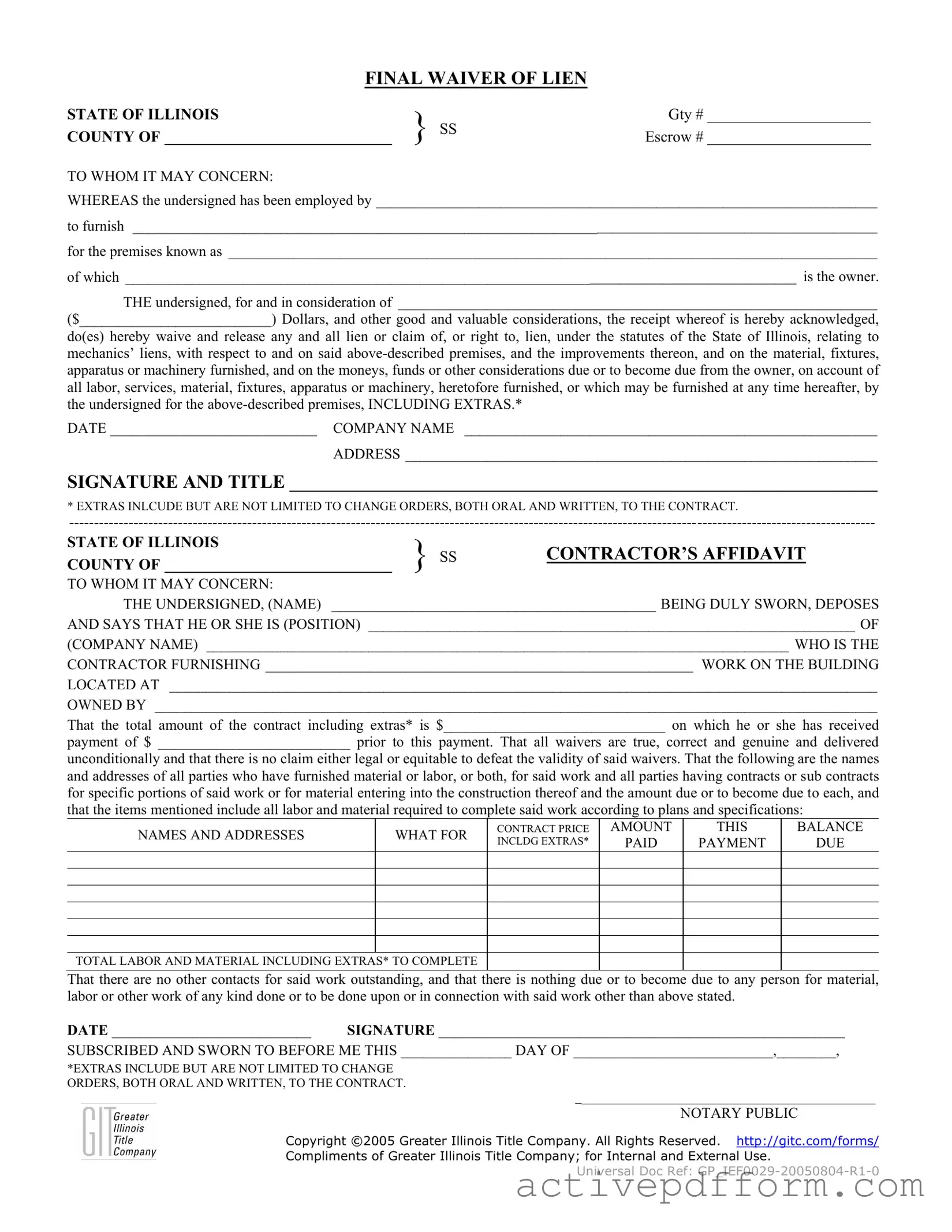 Free Illinois Final Waiver Of Lien Template