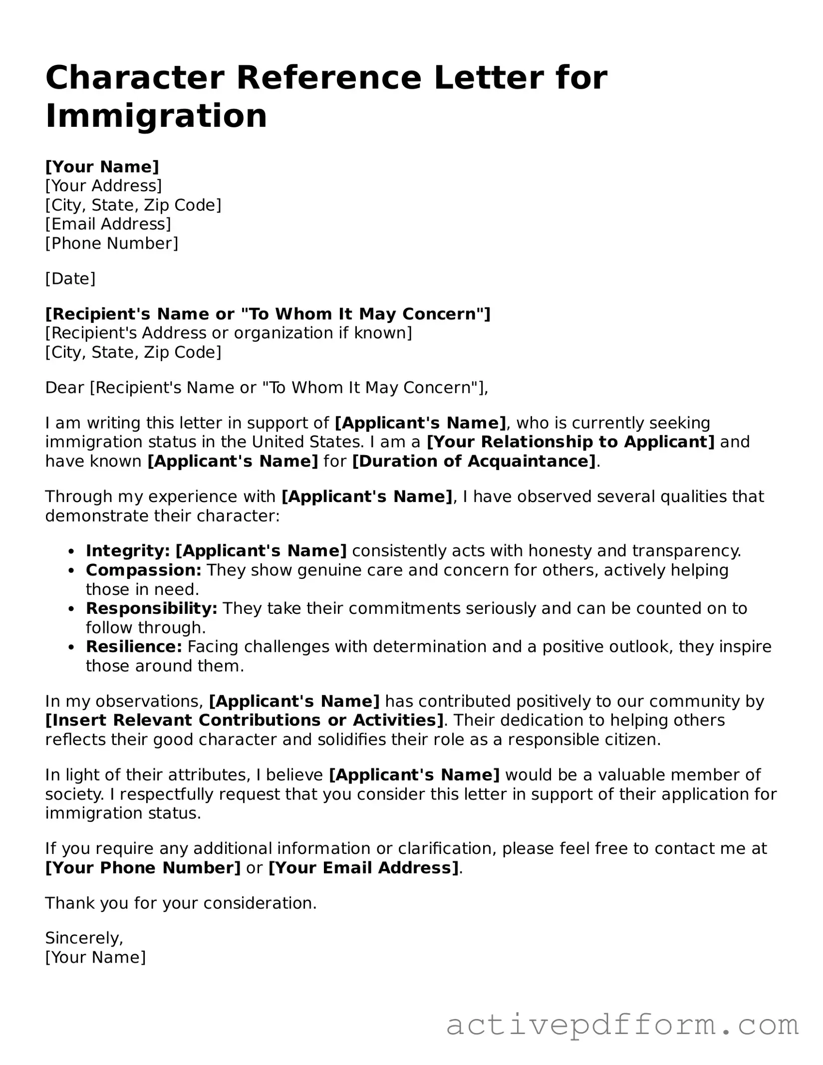 Blank Character Reference Letter for Immigration Document