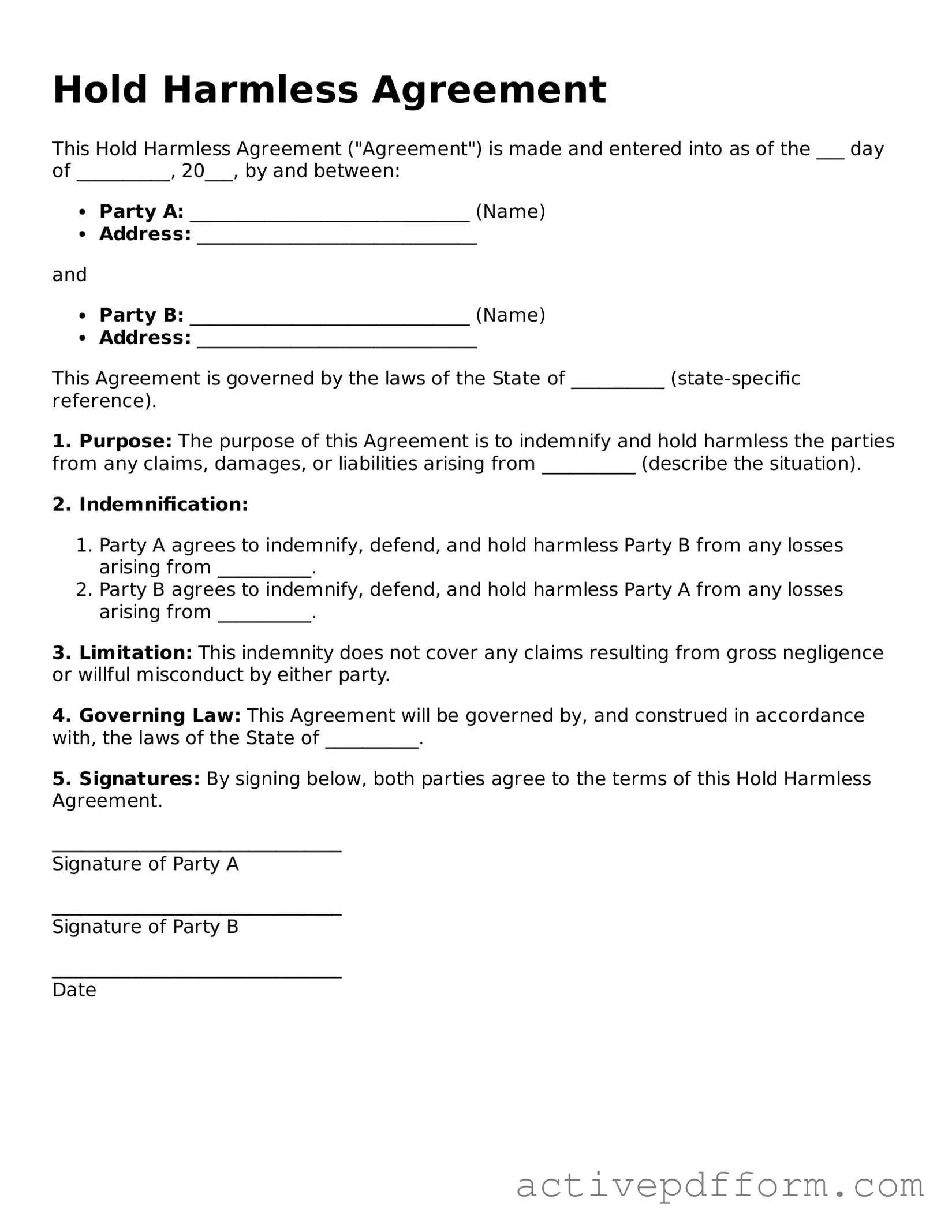 Blank Hold Harmless Agreement Document