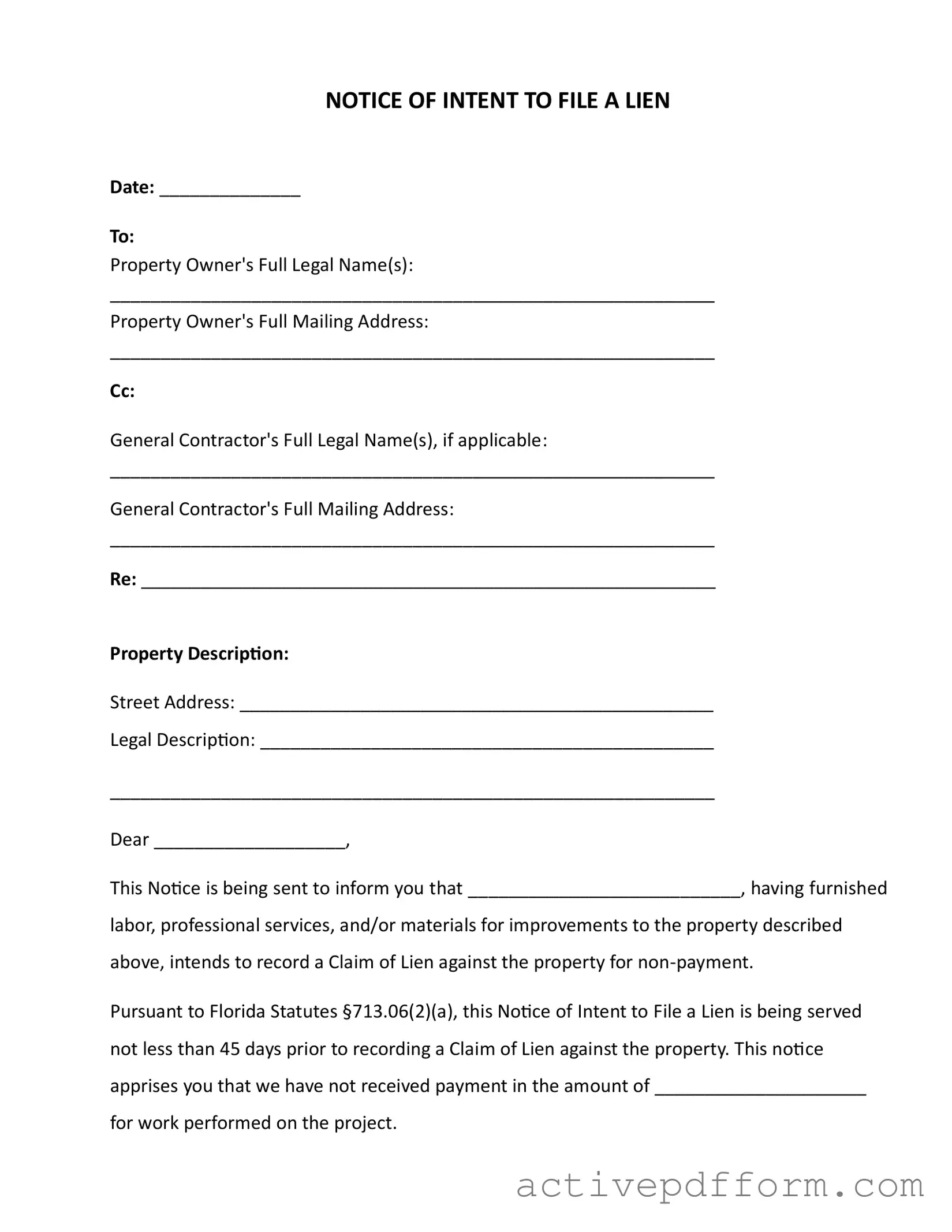 Free Intent To Lien Florida Template