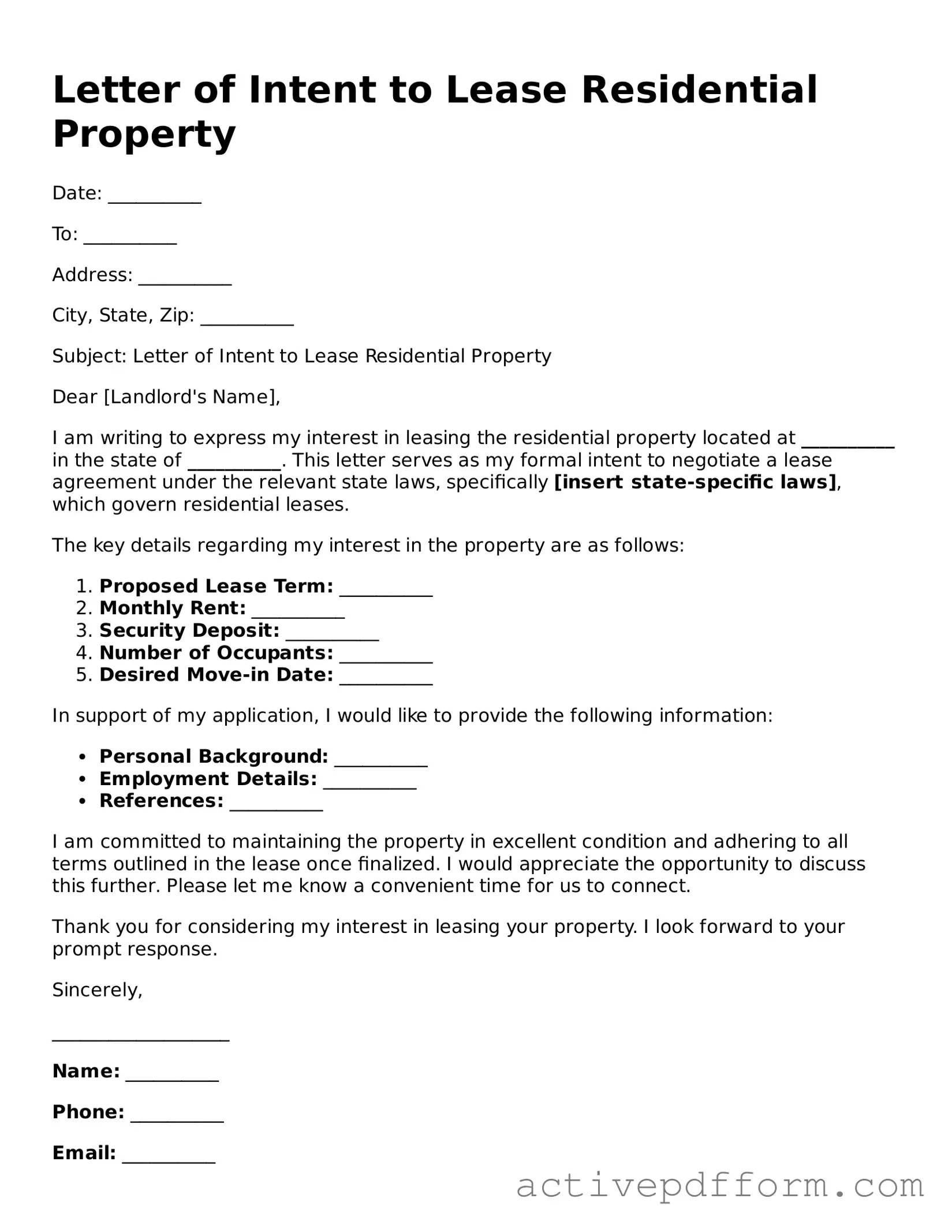 Blank Letter of Intent to Lease Residential Property Document