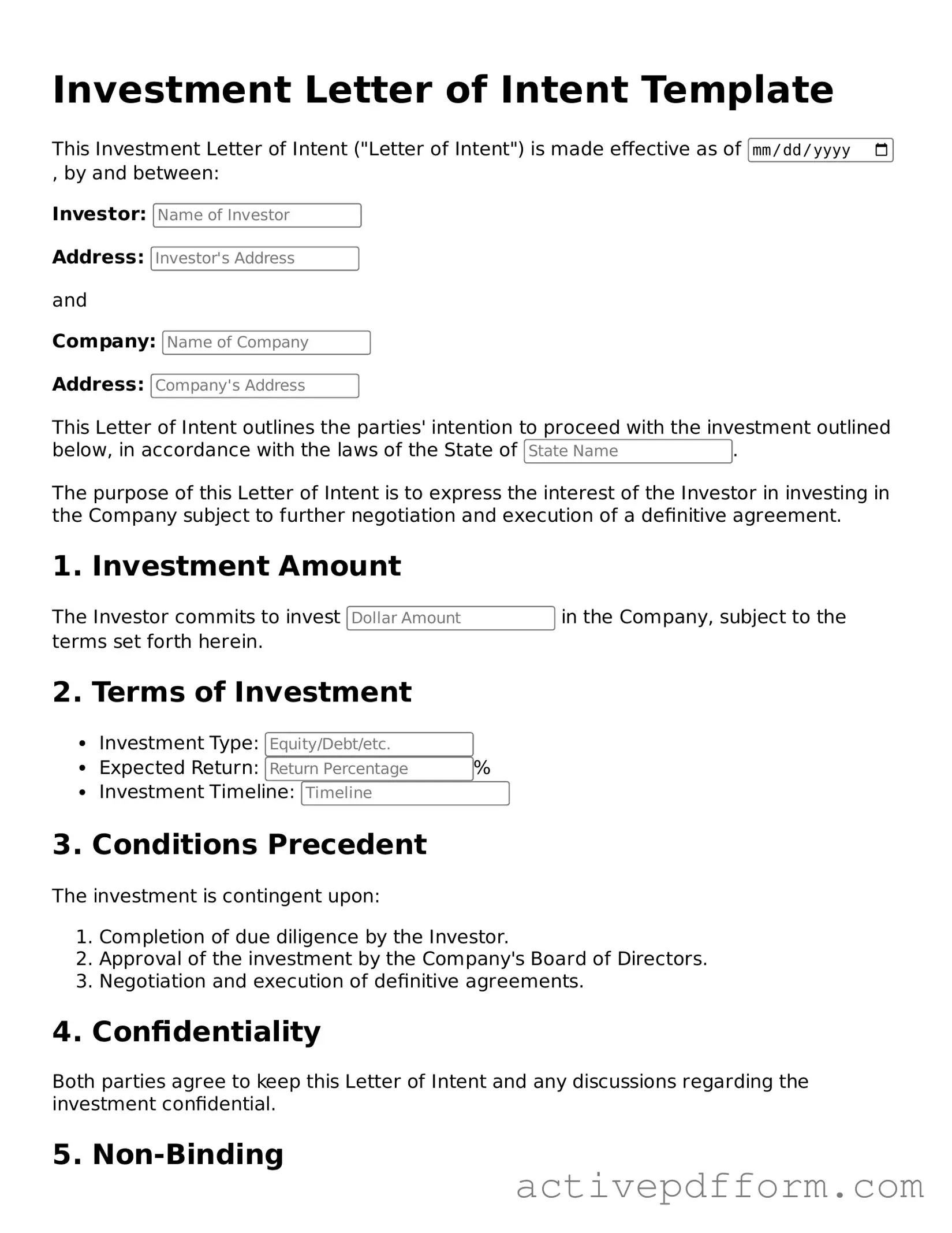Blank Investment Letter of Intent Document