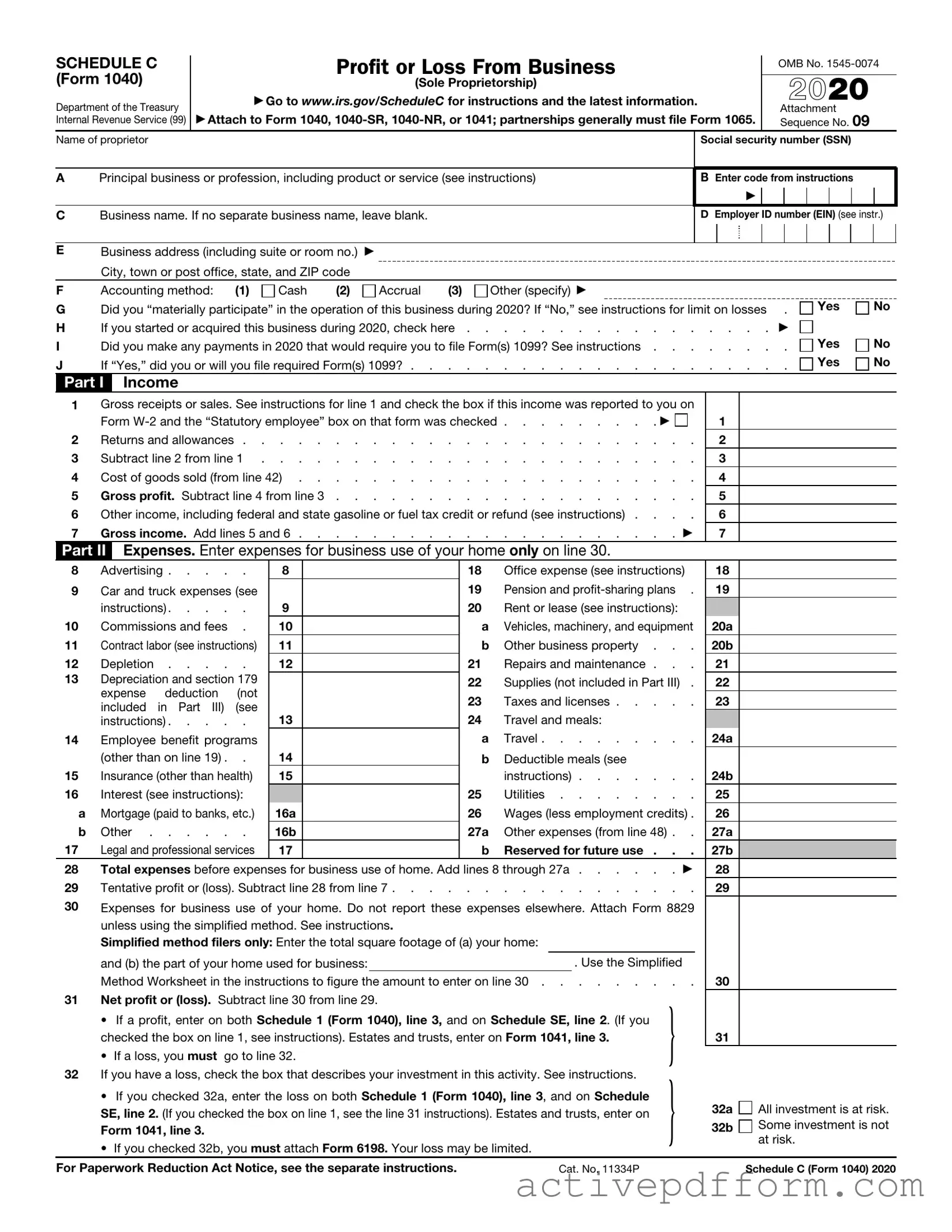 Free IRS Schedule C 1040 Template