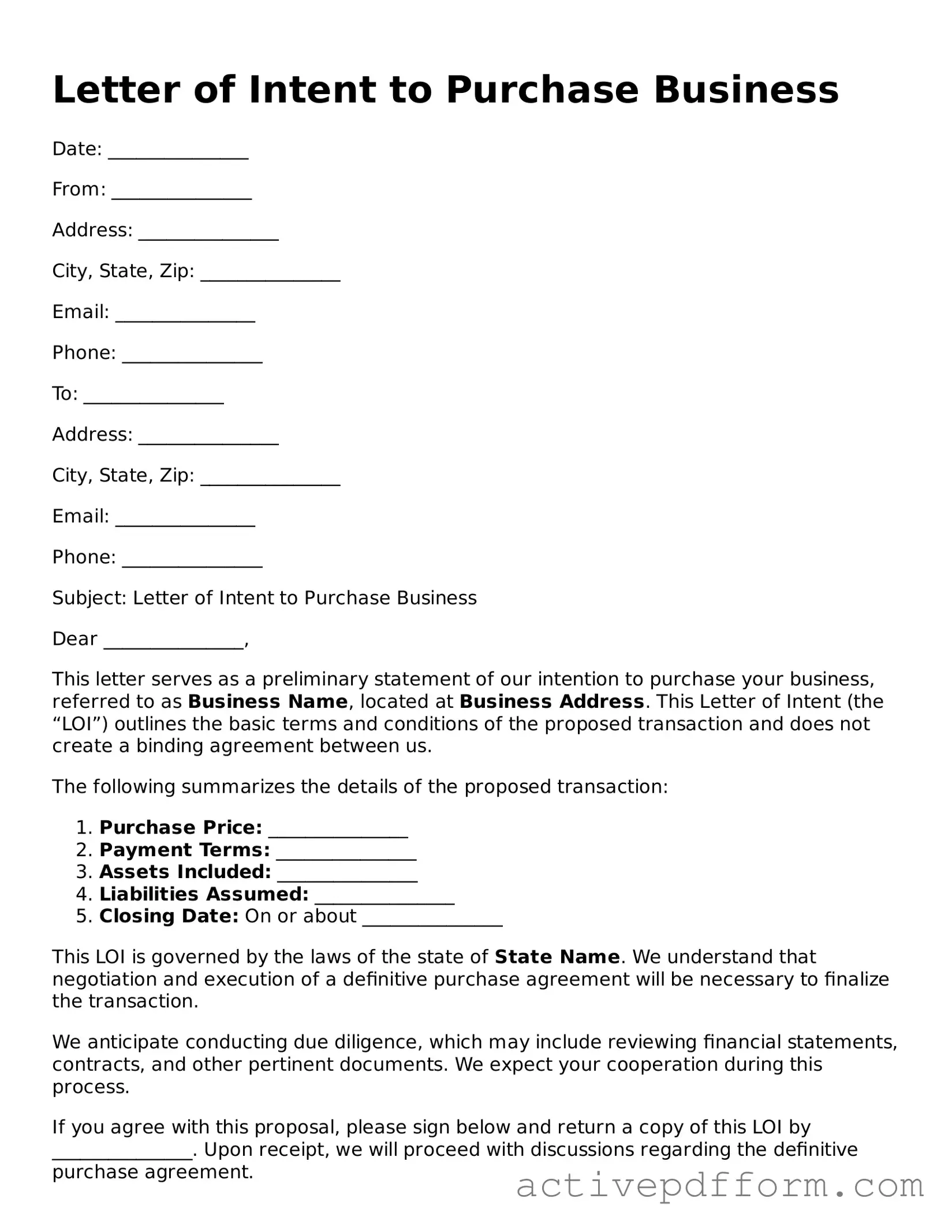 Blank Letter of Intent to Purchase Business Document