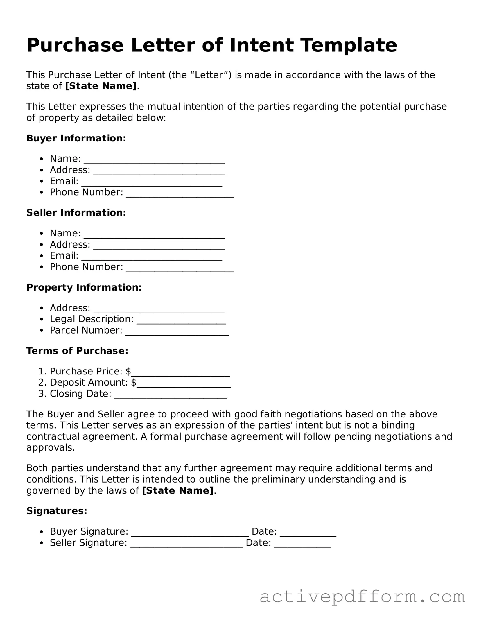 Blank Purchase Letter of Intent Document