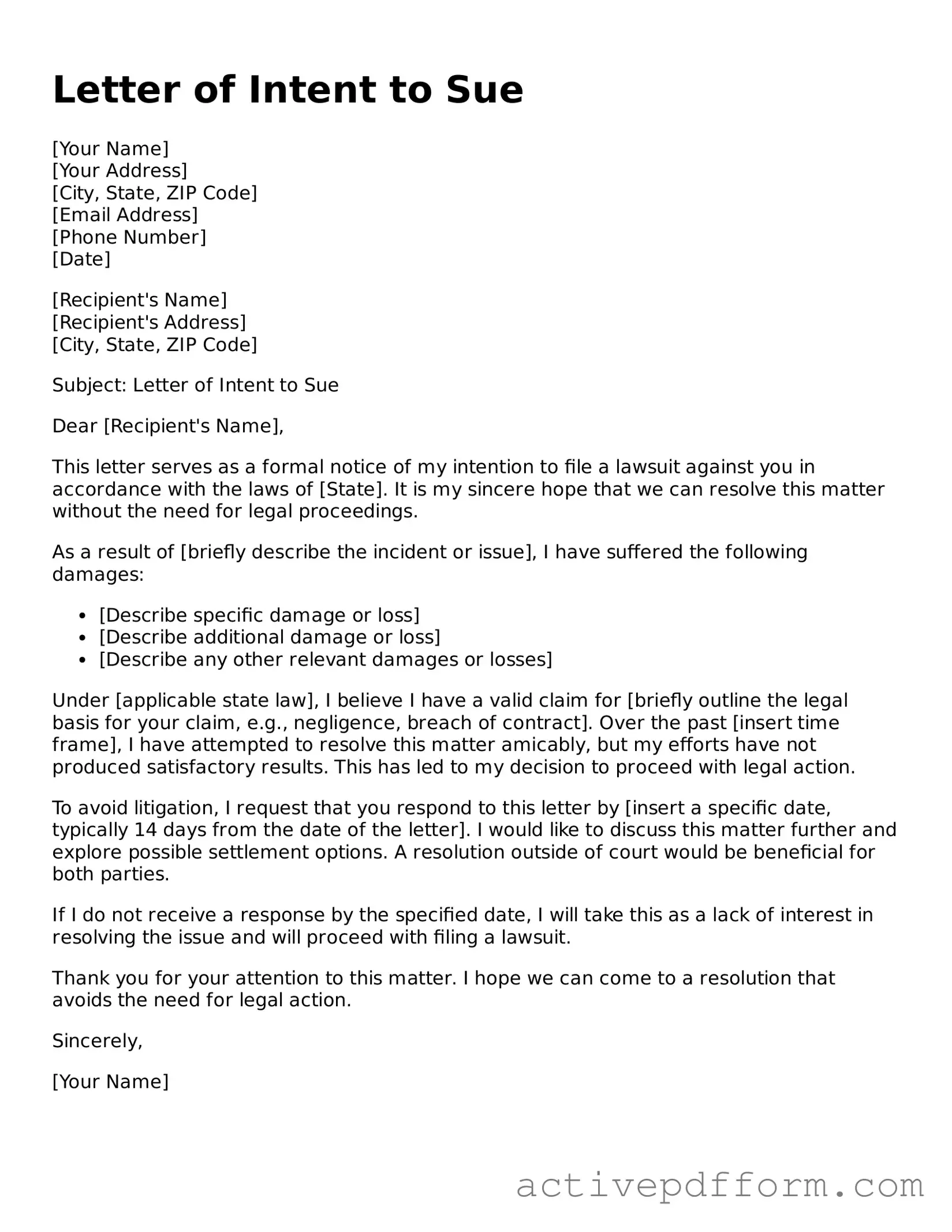 Blank Letter of Intent to Sue Document