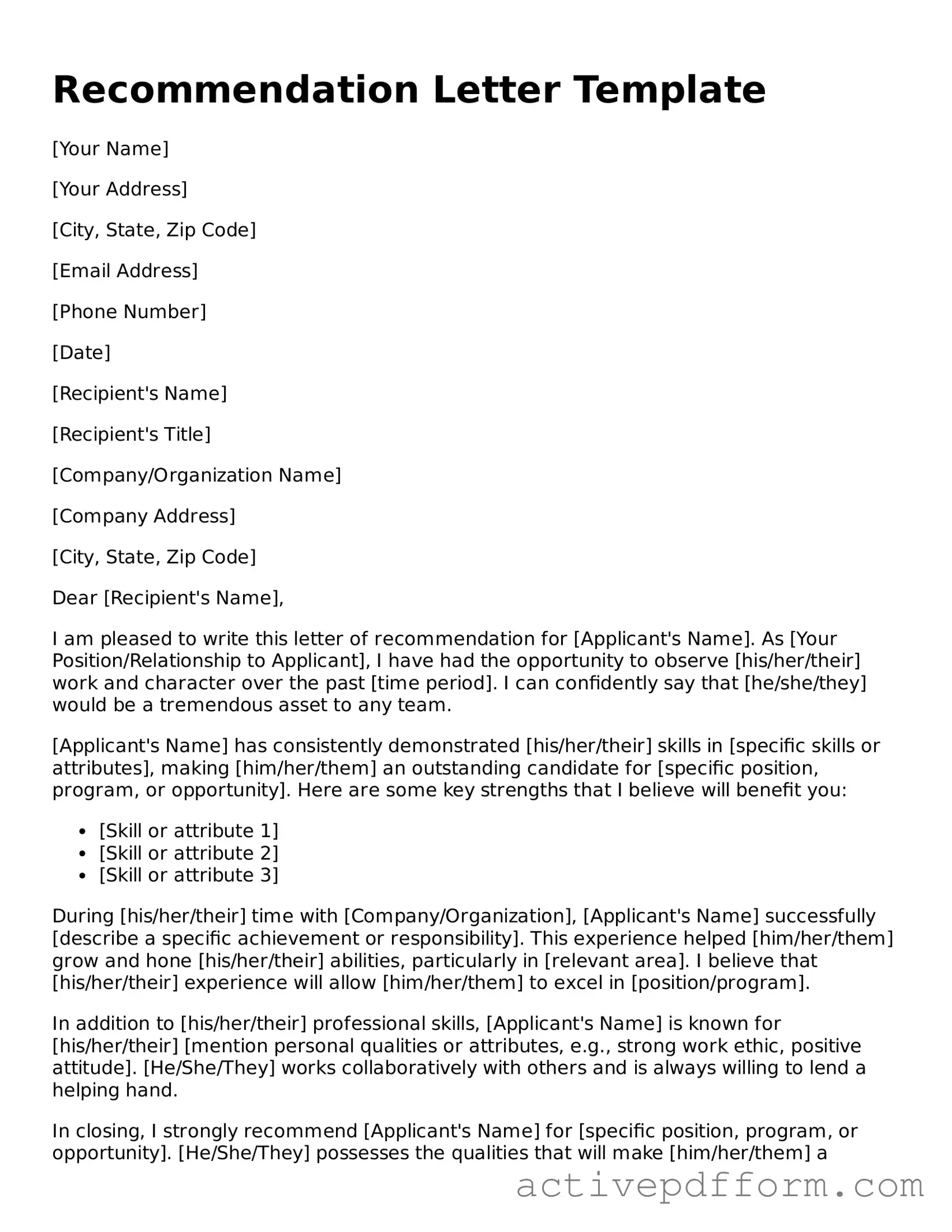 Blank Recommendation Letter Document